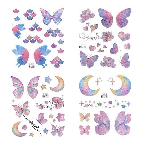 Pokinge 34 Sheets Temporary Tattoos, Forehead Flower Decals Colorful Butterfly Tattoo Stickers Chinese Style Hanfu Decor Creative Shiny Face Art Tattoo
