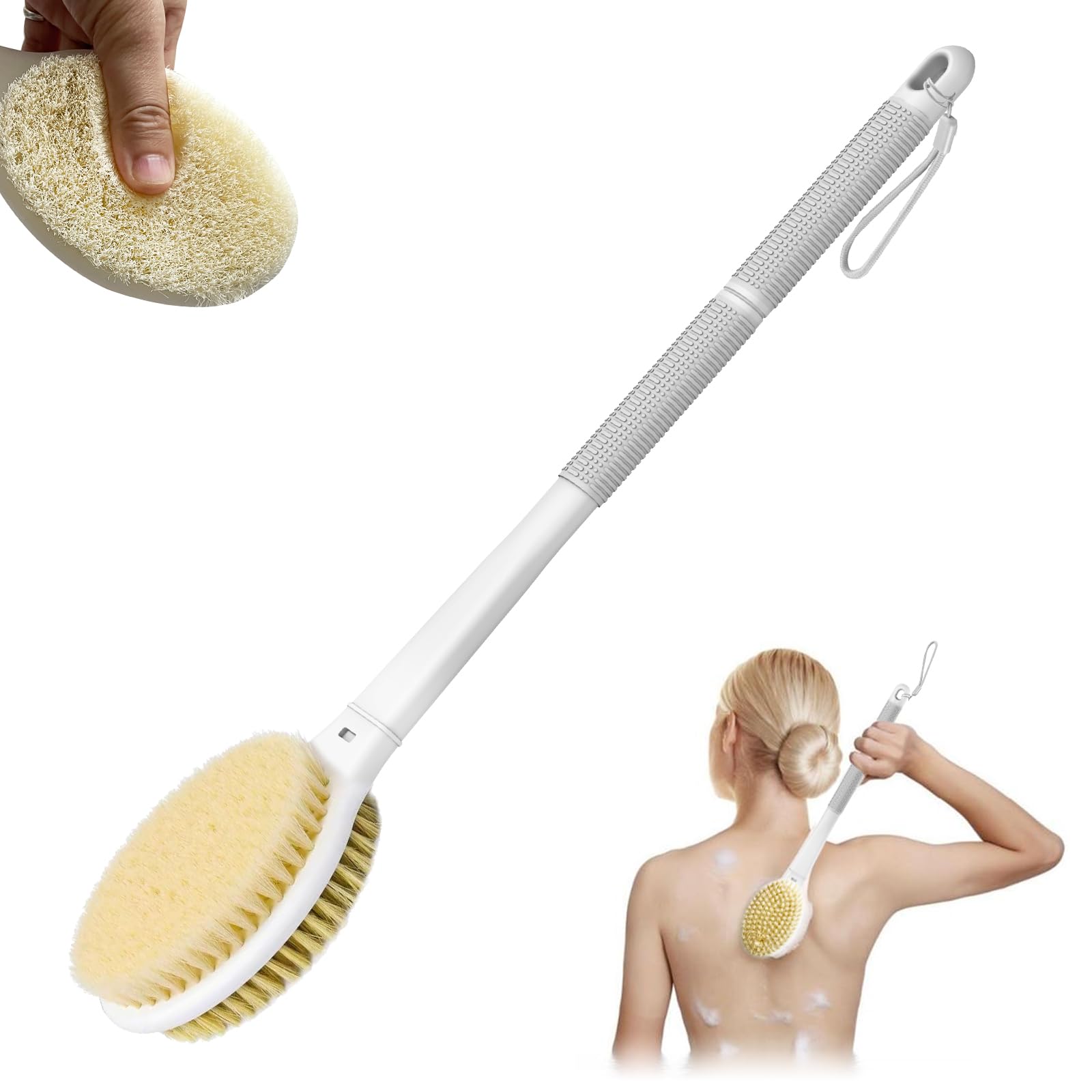 MOXYOY Back Scrubber,Body Shower Brush with 44cm Long Handle, Double-Sided Exfoliating Back Brush with Stiff and Soft Bristles for Women, Men, Elderly (Grey)