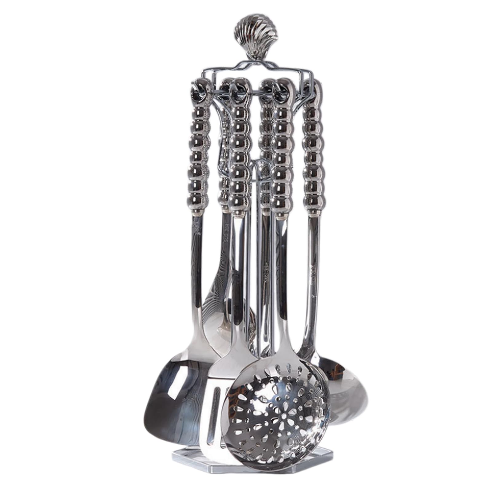 Set di 7 utensili da cucina di lusso in acciaio inossidabile con manici in ceramica perlata, strumenti di cottura resistenti al calore, mestolo, spatola, schiumarola e paletta.