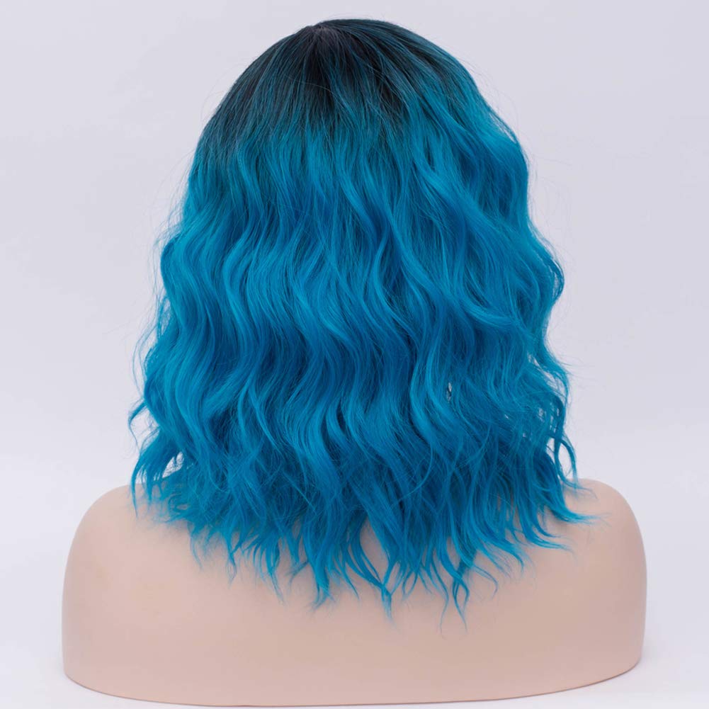 BERON Wigs for Women Short Curly Bob Wavy Wig Girls Ombre Green 14" Body Wave Shoulder Length Hair Wig Heat Resistant Synthetic Halloween Cosplay Daily Party Wigs: Black to Blue