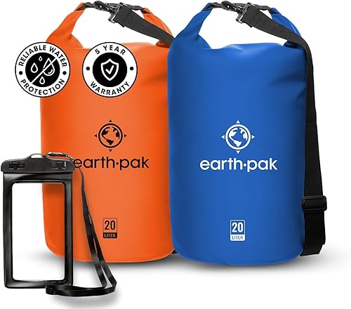 Earth Pak Bolsa seca impermeable - Mochila impermeable con parte superior enrollable (20L naranja y 20L azul)