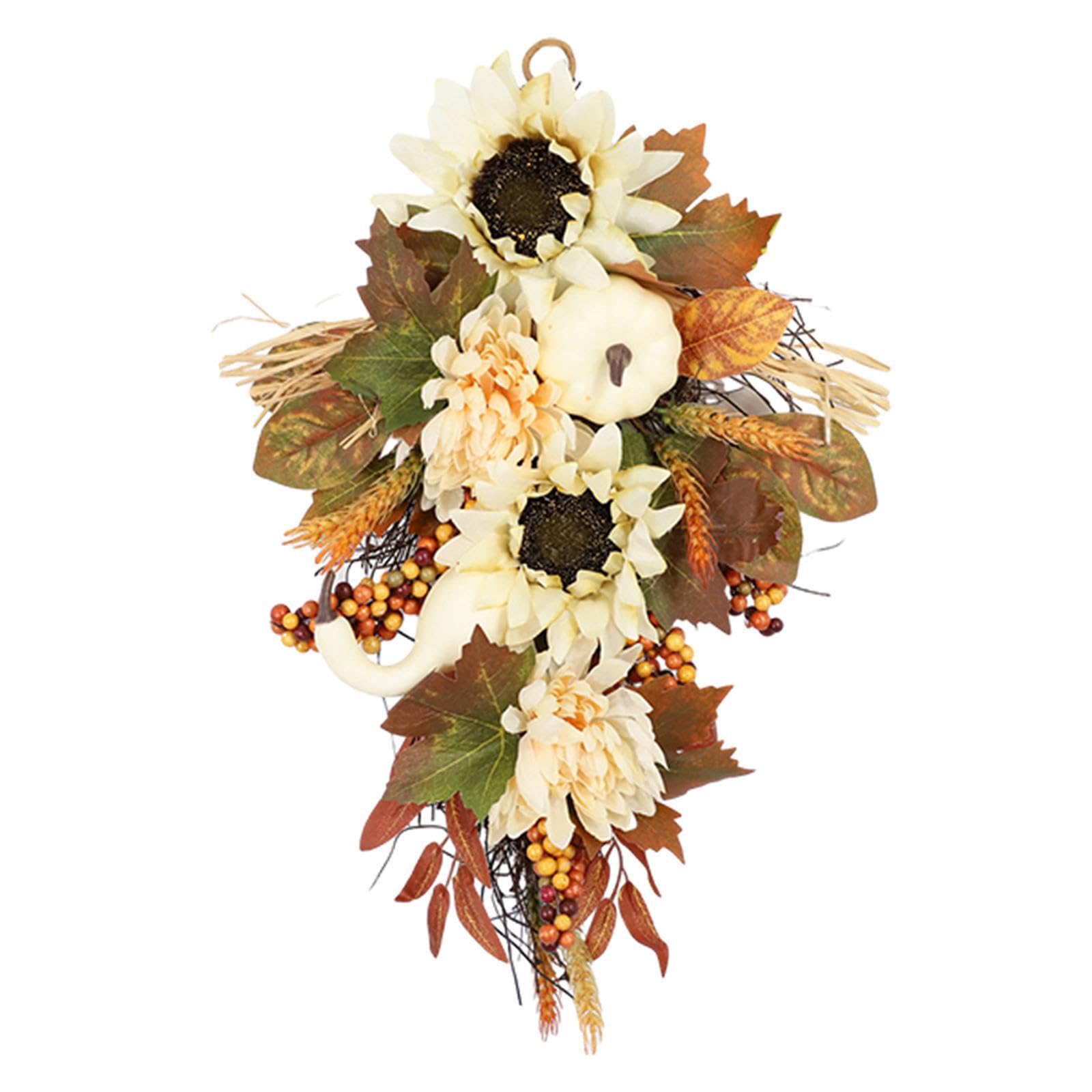 PIXZCSA Fall Autumn Wreath White Pumpkins Farmhouse Premium Artificial Pumpkins Sunflowers Maple Leaves Fall Wreath Festivals