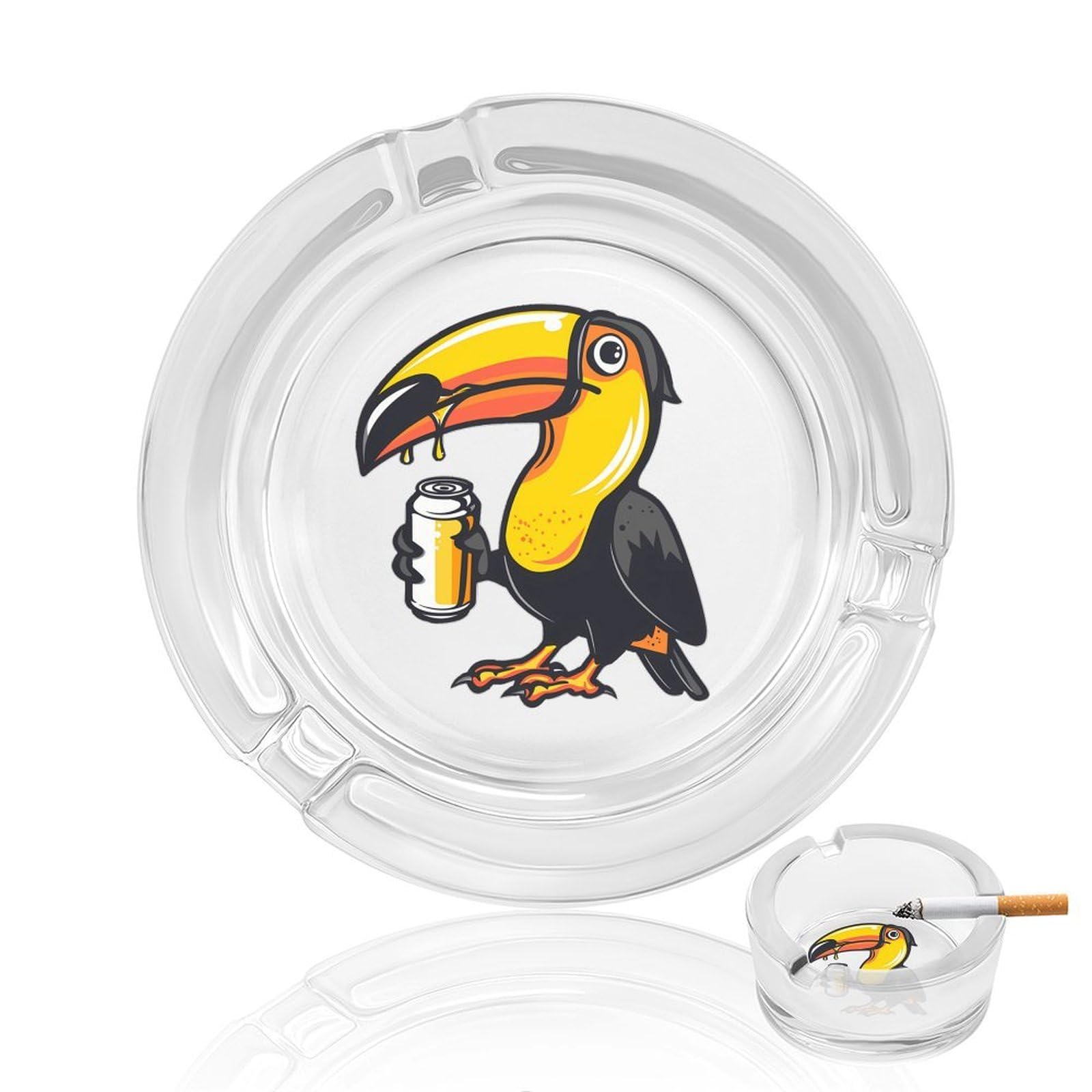 Toucan Beer Drinking Tropical Bird Ashtray Portable Round Glass Outdoor Ash Tray for Home Office Garden Pub