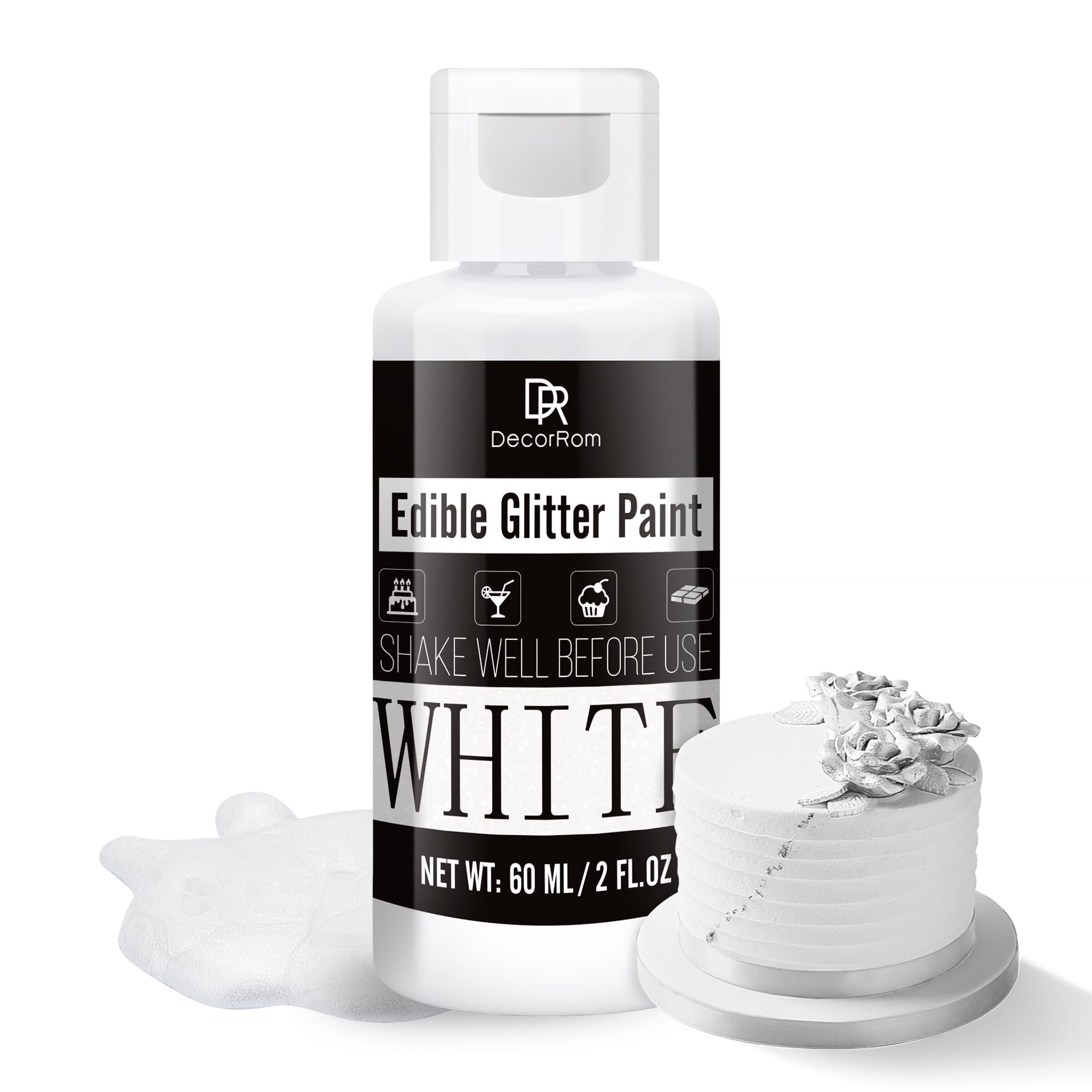 Edible Glitter Paint - 2 fl.oz Metallic Edible Cake Paint for Cake Decorating, Baking, Cupcakes, Candy - Food Grade Shimmer Art Decorative Paint Liquid Luster Dust for DIY Cookie, Fondant (White)