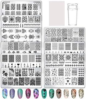 birdsunshine 10 Pcs Nail Stamping Plates, Flowers, Lace, Geometric Patterns Nail Art Stamping Templates Manicure Tool Kit, with 1 Stamper and 1 Scraper