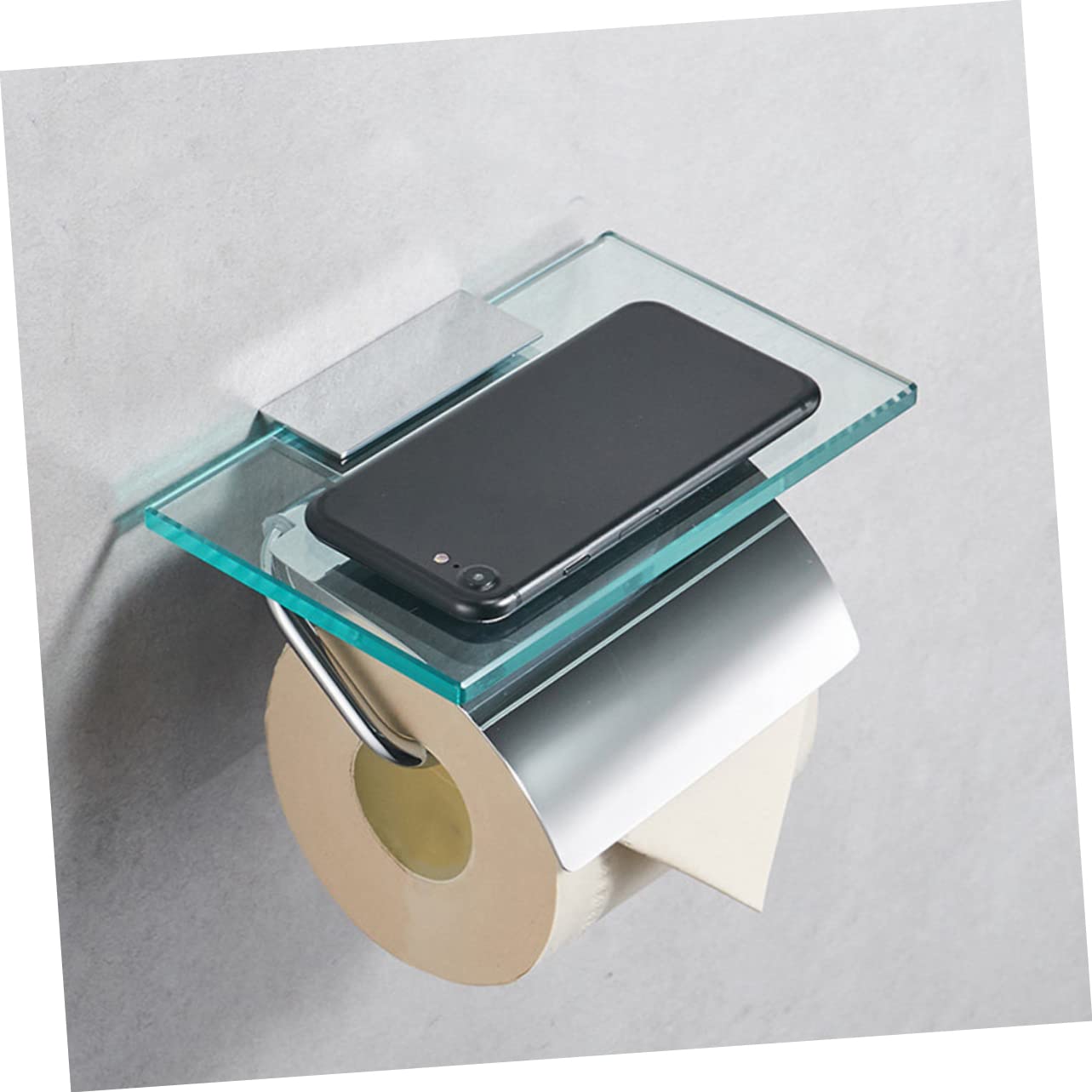 IMIKEYA Portarrollos Diseño Minimalista y Duradero de Papel Higiénico de Vidrio y Cobre con Estante para Móvil y Tapa, Adecuado para Baño de Restaurante o Club