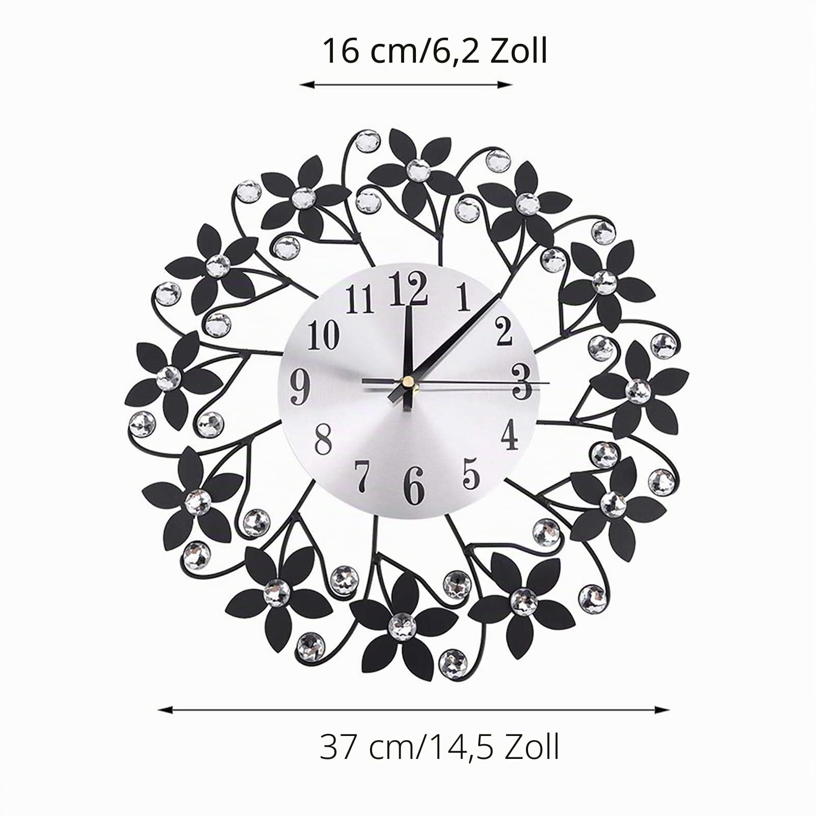 Moderne Metallwanduhr, Runde Blume förmige dekorative Uhr, schwarzes Aluminium, 14.5 Zoll, geräuschlos, für Zuhause, Büro, Küche und Esszimmer