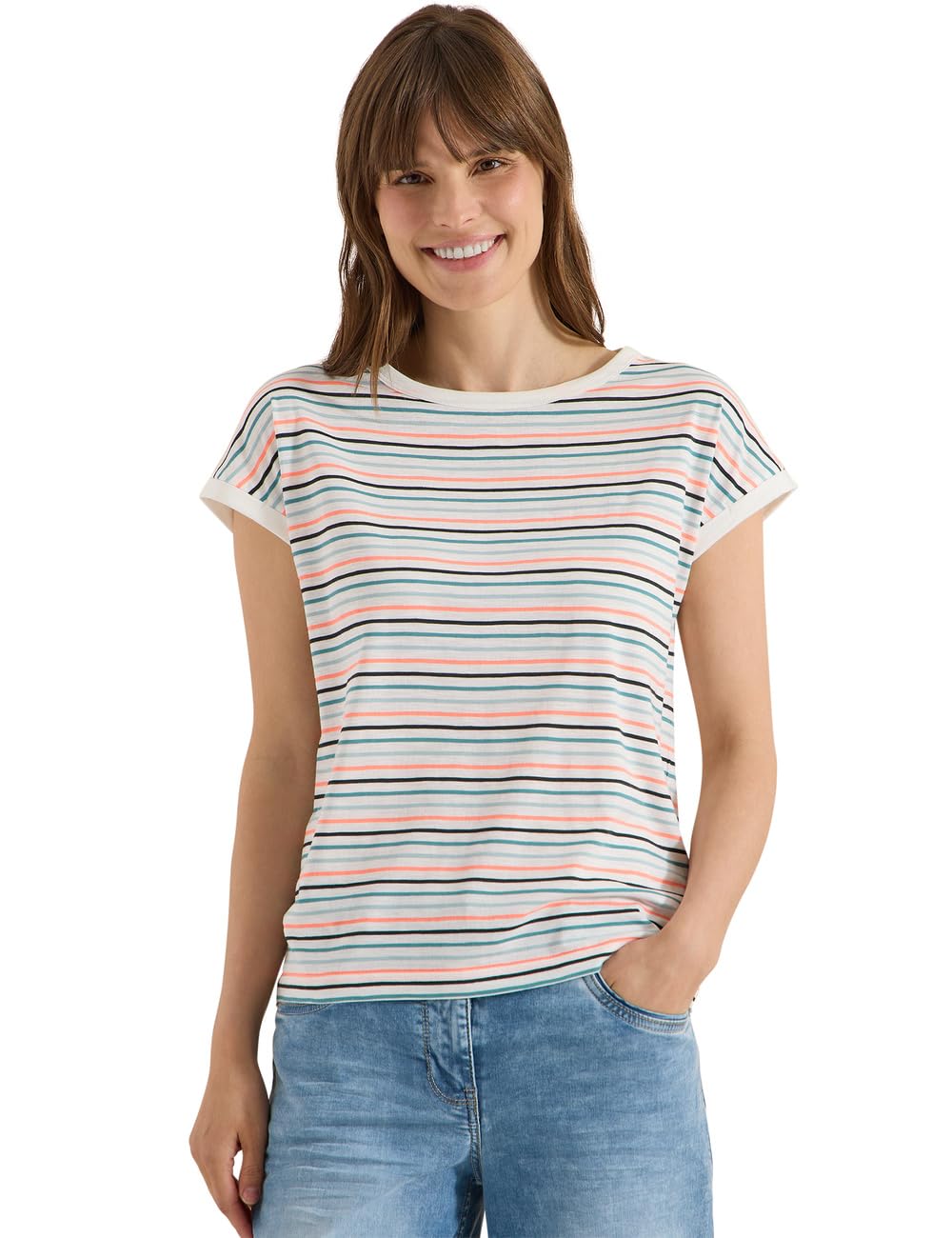 Cecil Women's 3231952 T-Shirt with Boat Neck and Turn-Up Detail (Pack of 1), Vanilla White, XL