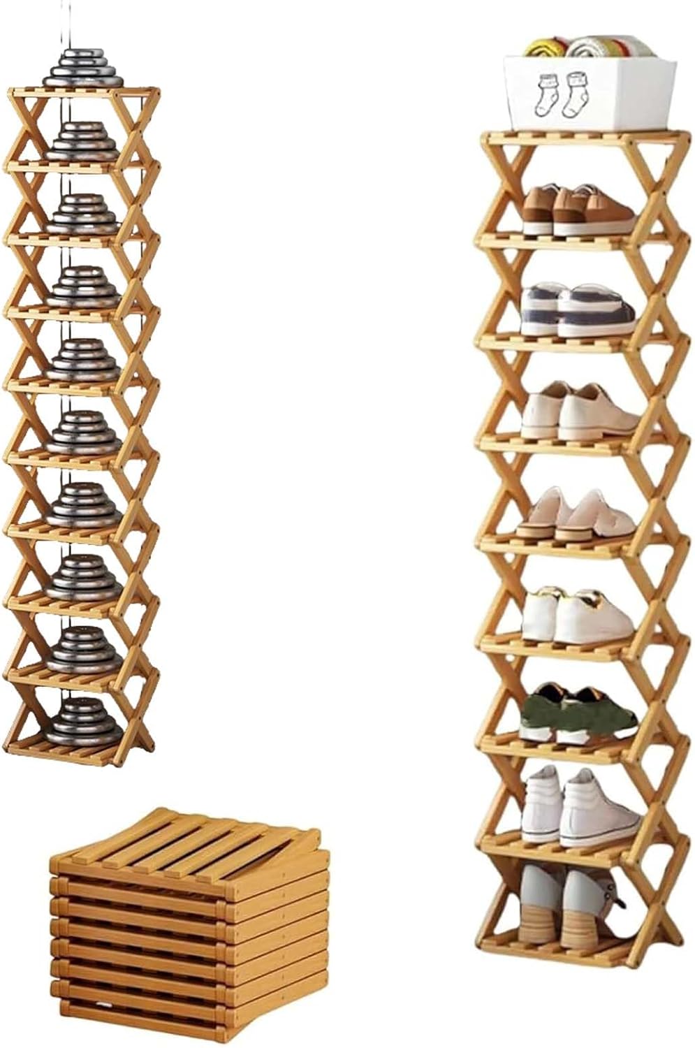 Nine-Layer Bamboo Shoe Rack, Foldable Vertical Tower, Space-Saving Narrow Storage for Small Spaces, No Assembly Required (Brown Color)
