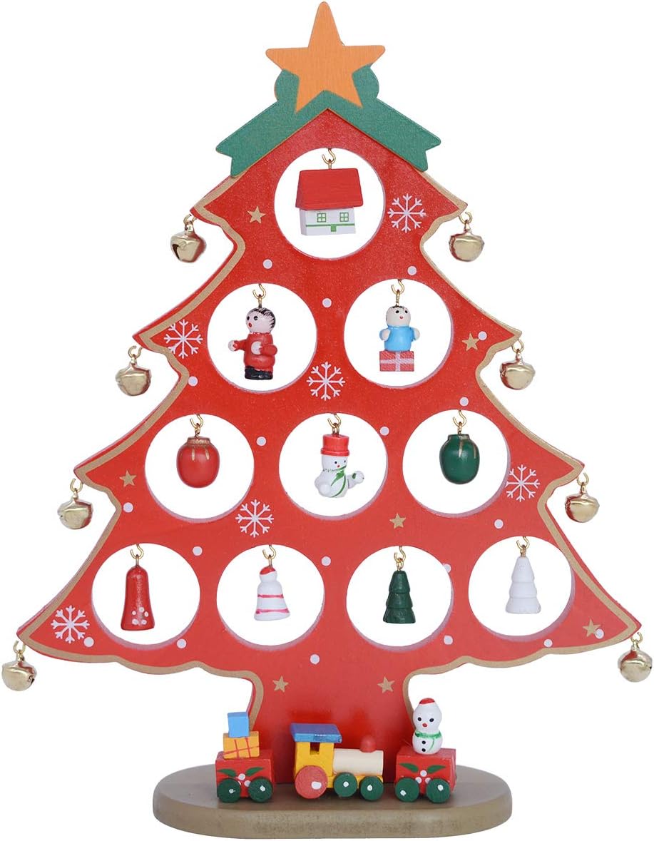 Mini Wooden Christmas Tree Decoration Stand with Ornaments - 10.6 Inches, Red