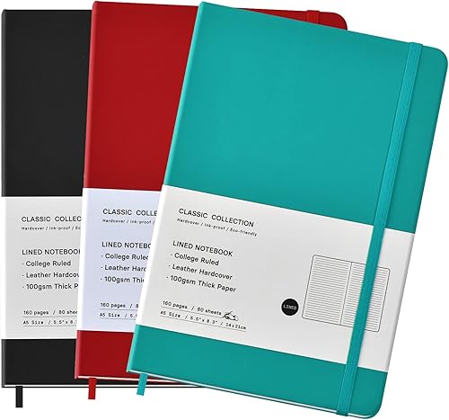 Miniatura 8 de Paquete de 3 cuadernos A5 clásicos con rayas universitarias de tapa dura con forro de piel sintética para oficina, hogar, escuela, negocios, 8.3 x