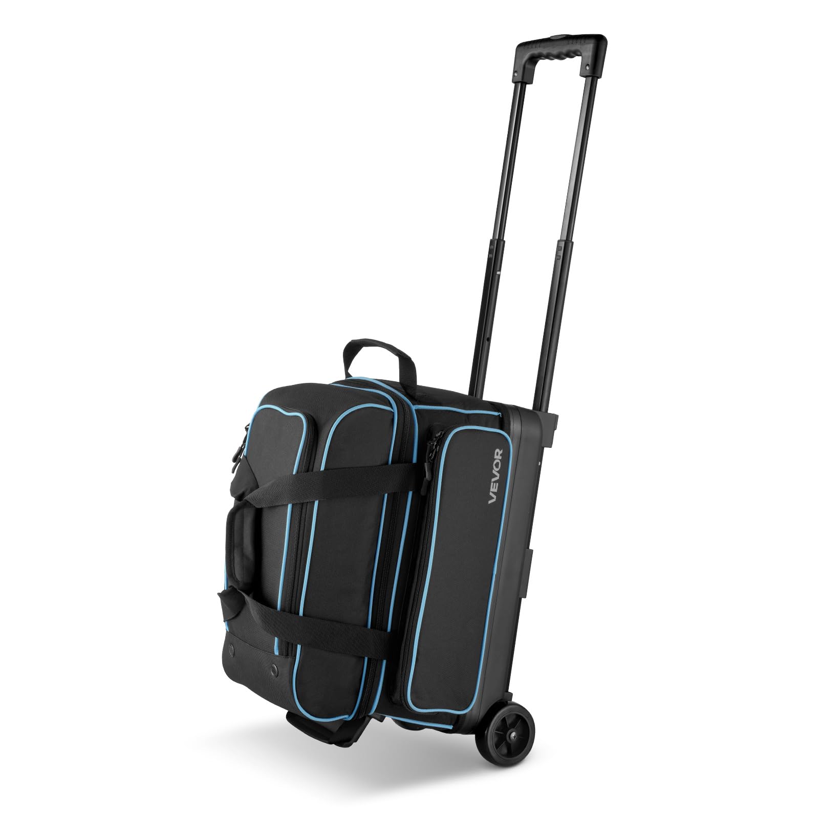 VEVOR Bolsa para 2 Bolas con Ruedas Dobles, Compartimento Separado para Zapatos hasta Talla 16 EE. UU. y Bolsillo Extragrande para Accesorios. Asa Retráctil Extensible hasta 105 cm, Negro Azul
