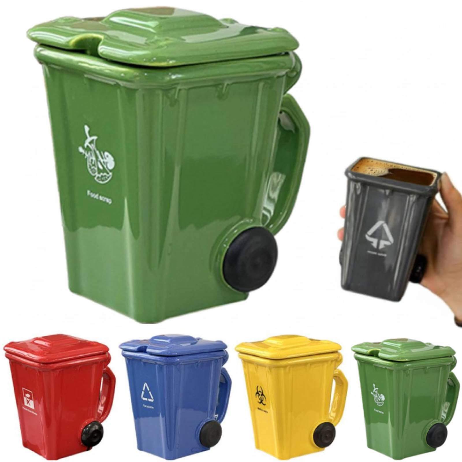 Wheelie Bin-Themed Funny Mugs, 400mL Trash Can Shaped Ceramic Coffee Cup, 5 Colors, Design-Led Personalised Mug - Novelty Gifts for Home & Office（without Spoon） (Green)