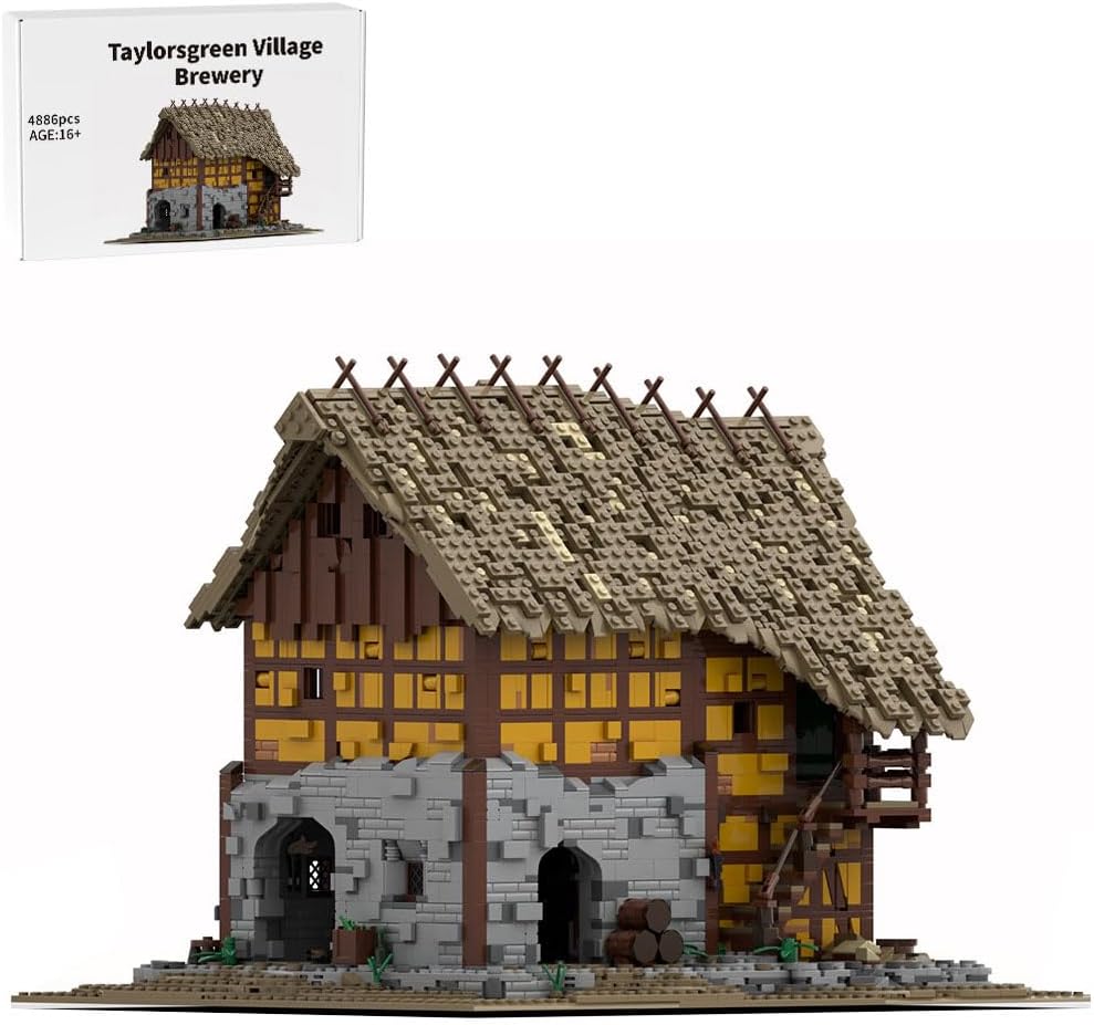 Medieval Village Building Blocks Set, Medieval MOC Taylorsgreen Village Brewery Unbuilt Model, Fully Realized Three-Floor Layout, Exterior Casks, Fermentation Tools, and Wooden Vats (4886PCS)