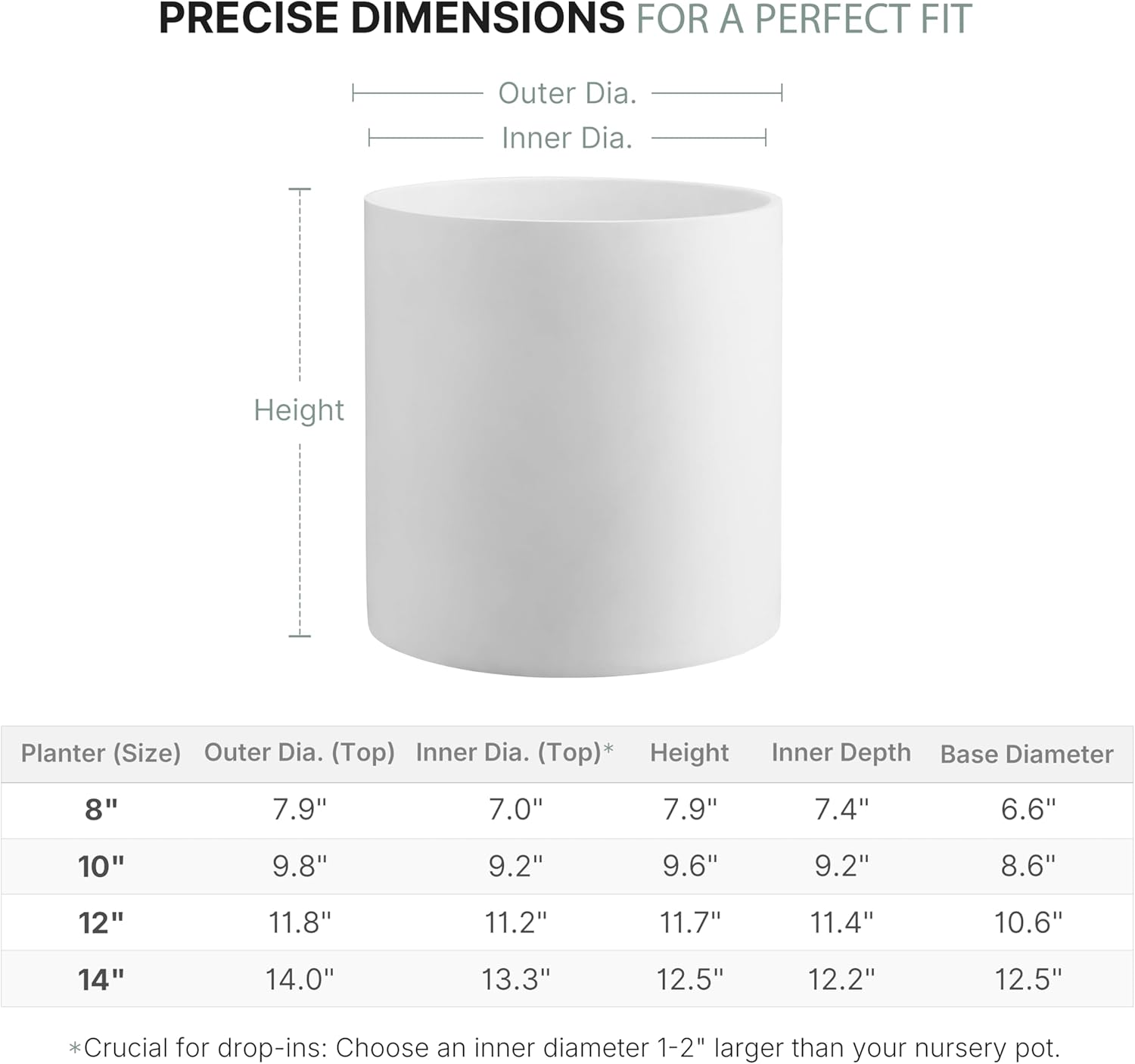 FaithLand 12 Inch Fiberstone Planter - Lightweight Modern Cylinder Plant Pot with Drainage Hole & Plug, Indoor Outdoor Use, Matte White