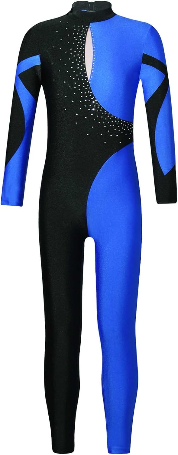 XUNZOO Girls Sparkly Ice Skating Unitard Long Sleeve Color Block Roller Skating Jumpsuit Gymnastics Ballet Dance Leotard