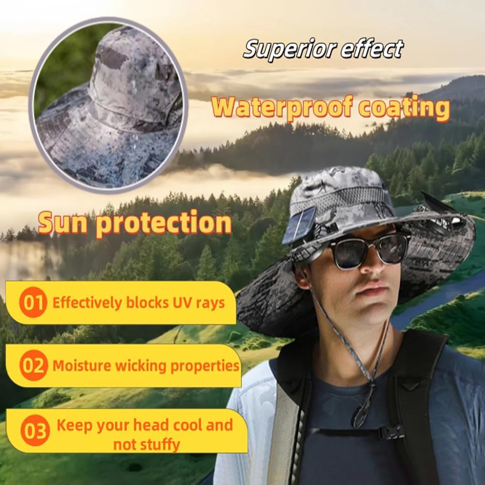Solar Fan Hat Wide Brim Solar Fan Hat Outdoor Sun Hats for Men Women Fishing Hat with Removable & USB Charging Fan - Image 4