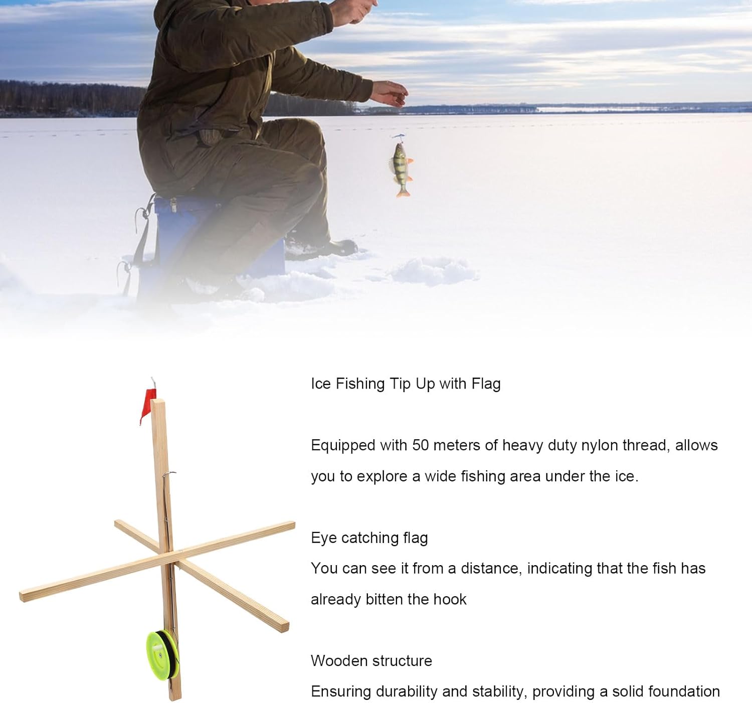Drfeify IceFishingTipUpFlag,Ice Fishing Rod Tip Up FlagwithNet and 50M Nylon String,High Visibility
