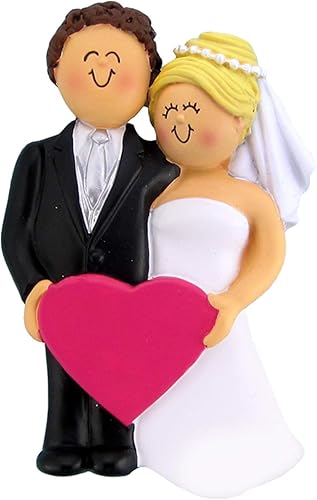 Miniatura 4 de Adorno personalizado de boda de novia rubia con corazón rosa 2023  Nuestro primer adorno navideño casado 2023 regalos para novia y novio para