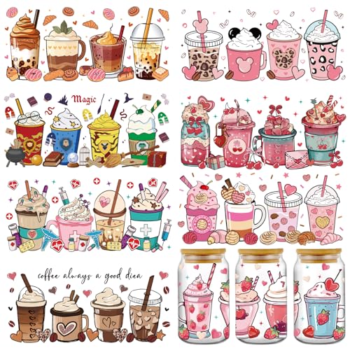 Decalques UV DTF Coffee Drinks - 8 folhas de chá com leite de morango Uvdtf para garrafa de água de