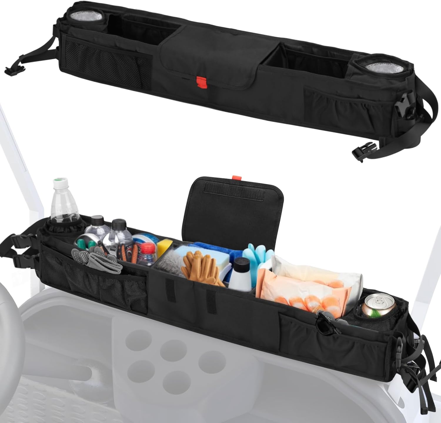 Golf Cart Front Storage Basket with Insulated Cup Holders, No-Drill Dash Tray Organizer Compatible with EZGO, Club Car, Kandi Electric Golf Carts, Golf Cart Storage Accessories