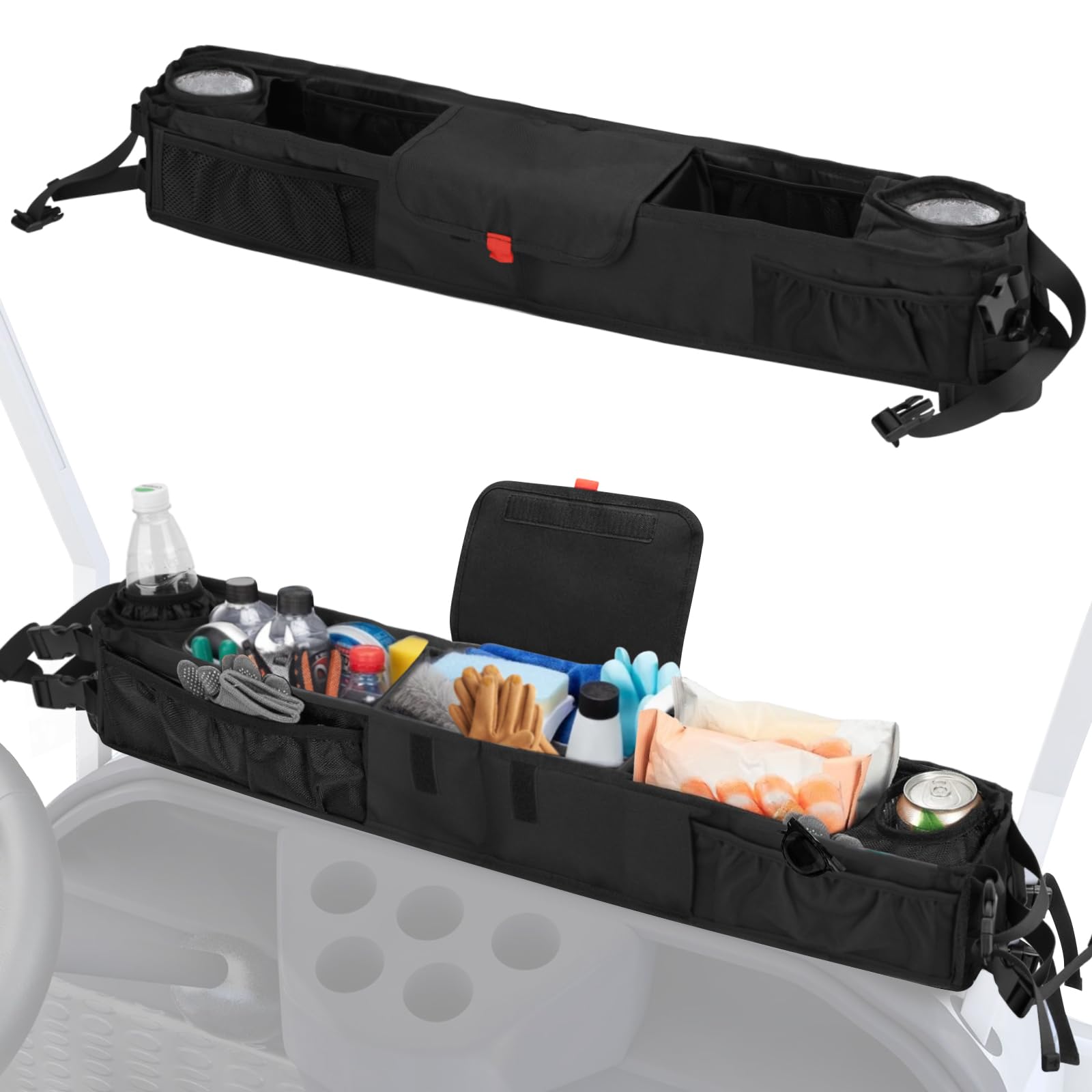 smotrcc Golf Cart Front Storage Basket with Insulated Cup Holders, No-Drill Dash Tray Organizer Compatible with EZGO, Club Car, Kandi Electric Golf