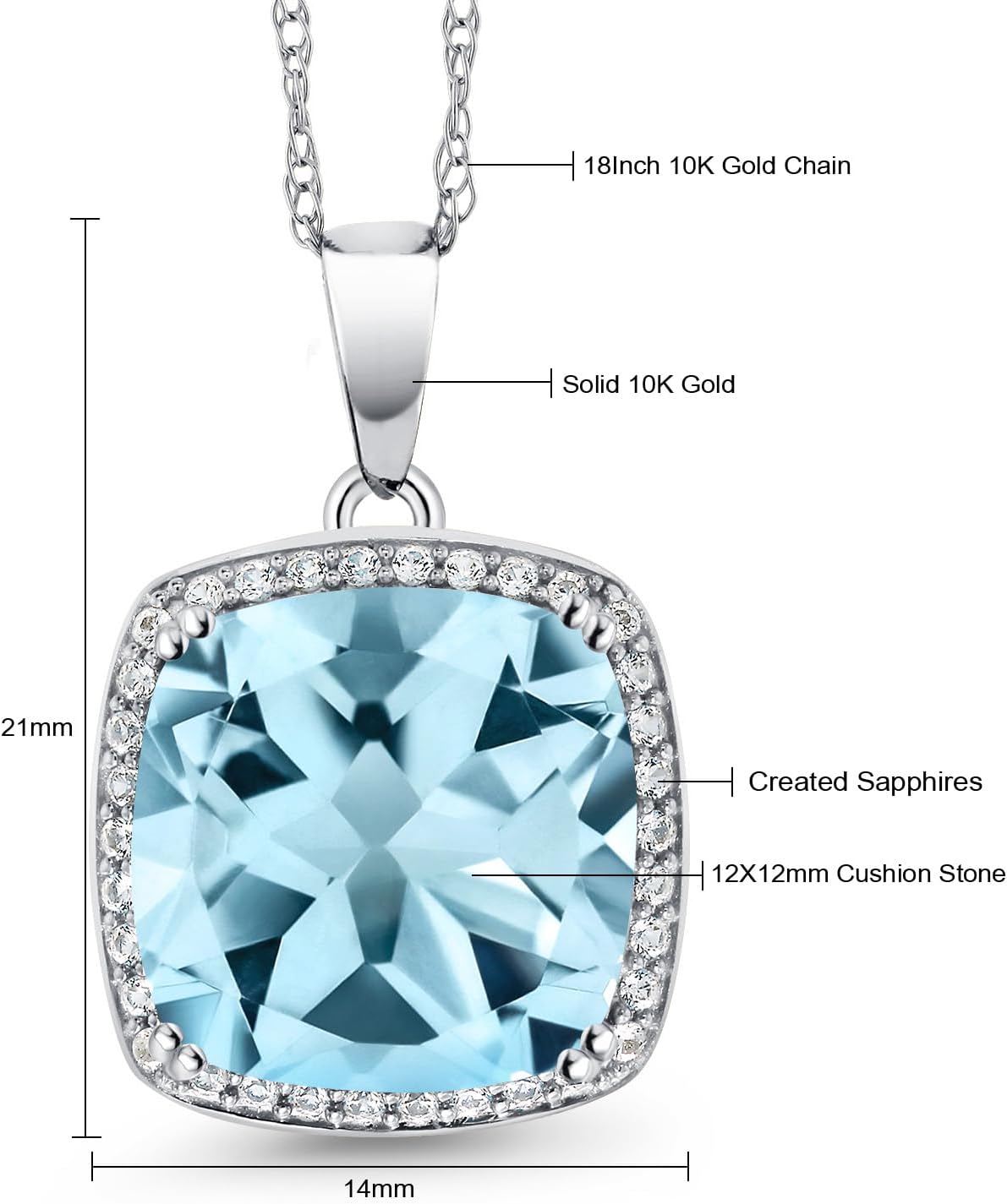 Gem Stone King Halo Pendant Necklace for Women | Solid 10K Gold | 12MM Cushion Cut Gemstone Birthstone and White Created Sapphire | Gold Necklace For Women | With 18 Inch Gold Chain