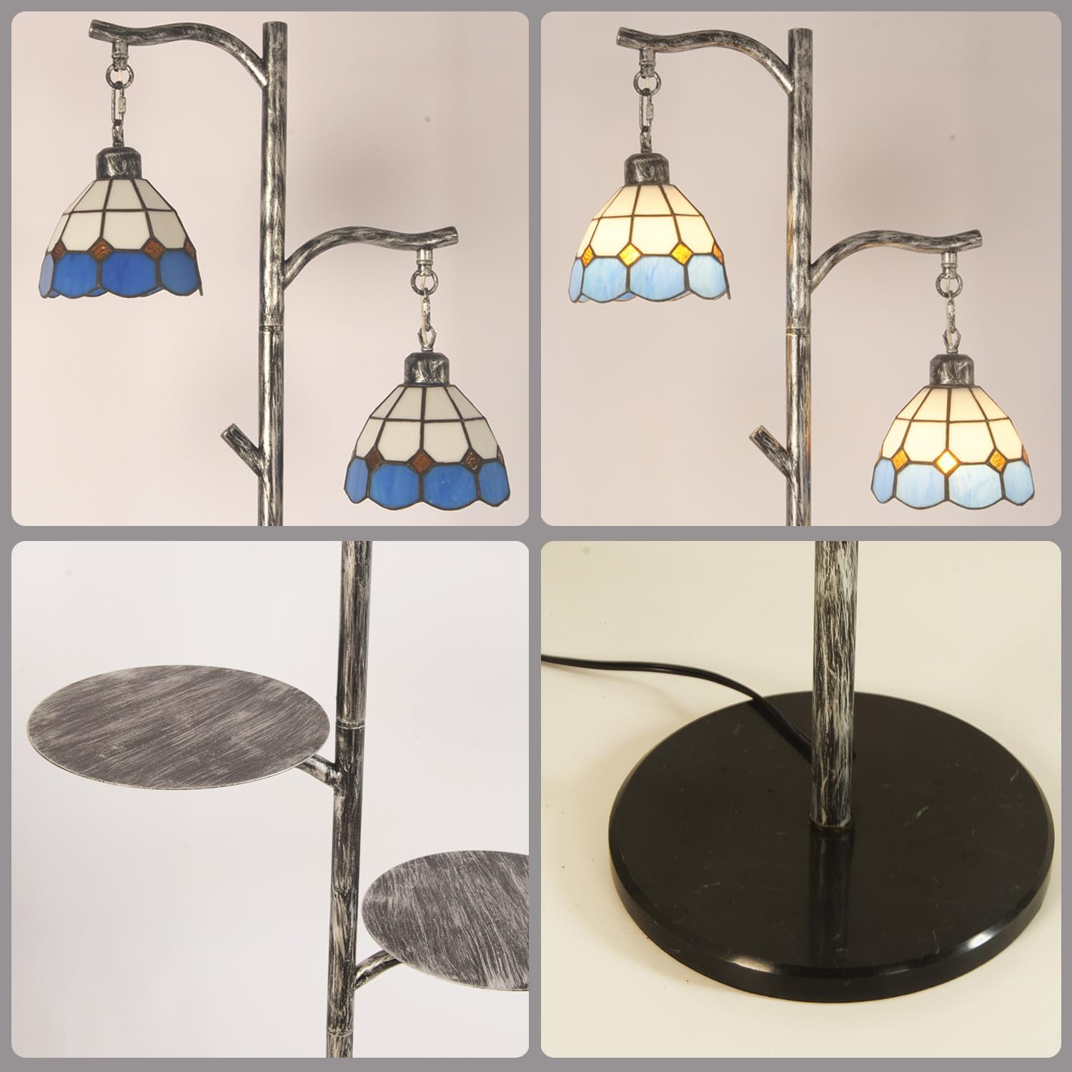 beaysyty Tiffany Style Stained Glass Retro Floor Lamp with Tray, Dimmable Floor Lamps, Custom Color Temperature Standing Lamp for Living Room and Bedroom, Painted Silver Gray