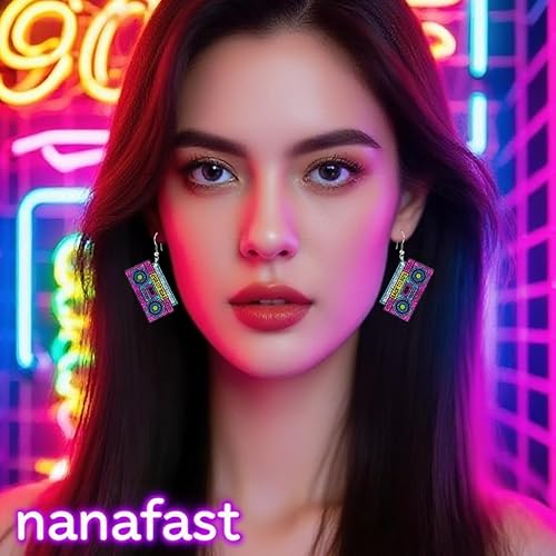 Miniatura 3 de Nanafast Aretes de los años 80 para mujer, aretes acrílicos de neón retro de los años 90, estilo vintage, estilo de cinta de casete, joyería de los