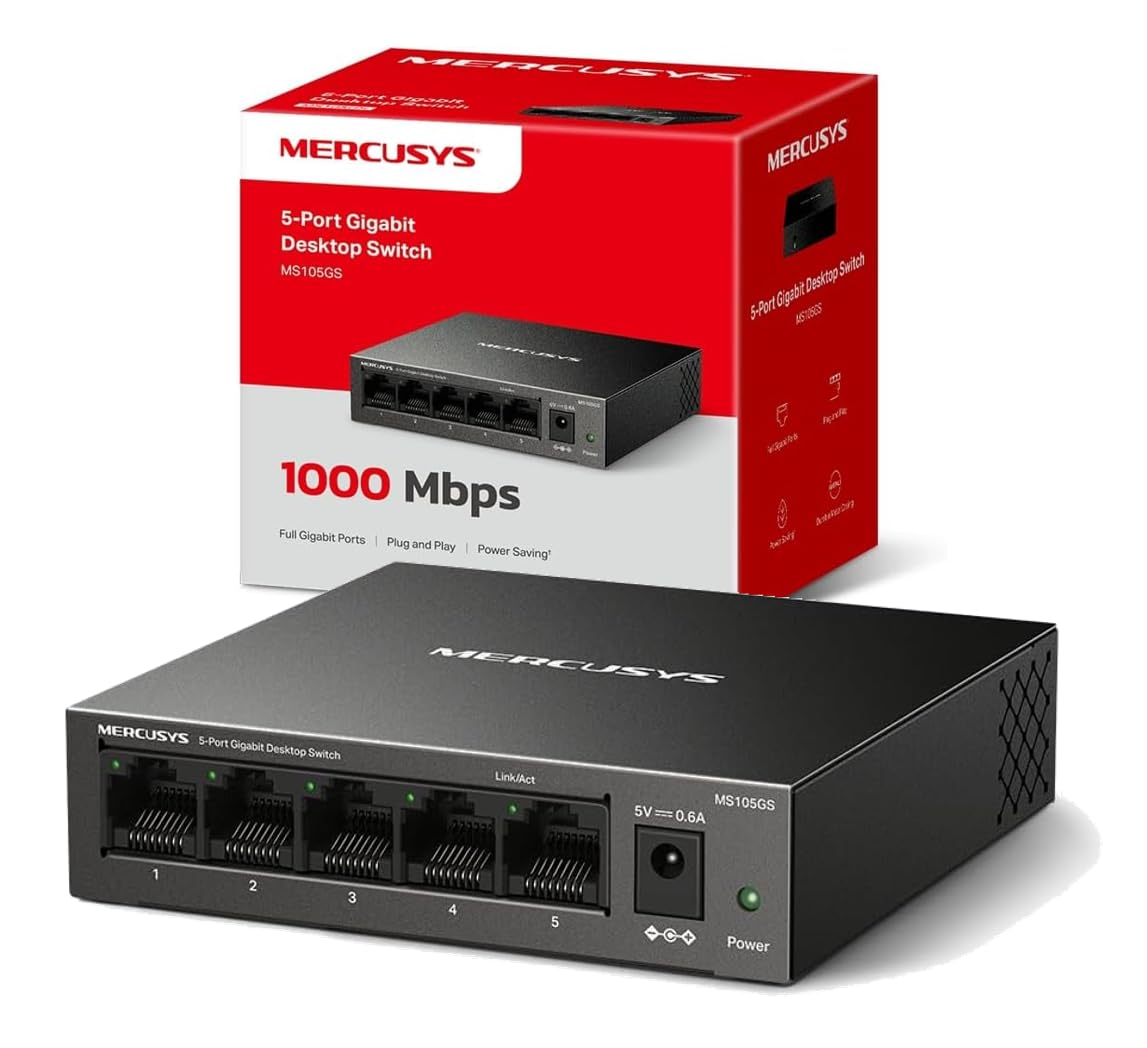 Mercusys MS105GS-Switch Ethernet Gigabit de 5 Puertos RJ45, Carcasa Metálica Resistente, Plug & Play, Sin Configuración, Bajo Consumo, Silencioso, Hub Ethernet, Ideal para Hogar, Oficina y Smart TV