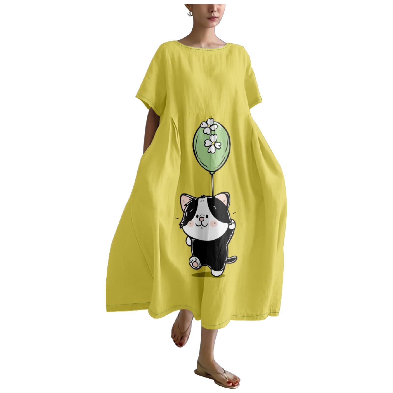 MARSVOVO Summer Dress for Women Funny Cat Graphic Cute Short Sleeve Maxi Dress Causal Plus Size Party Dress