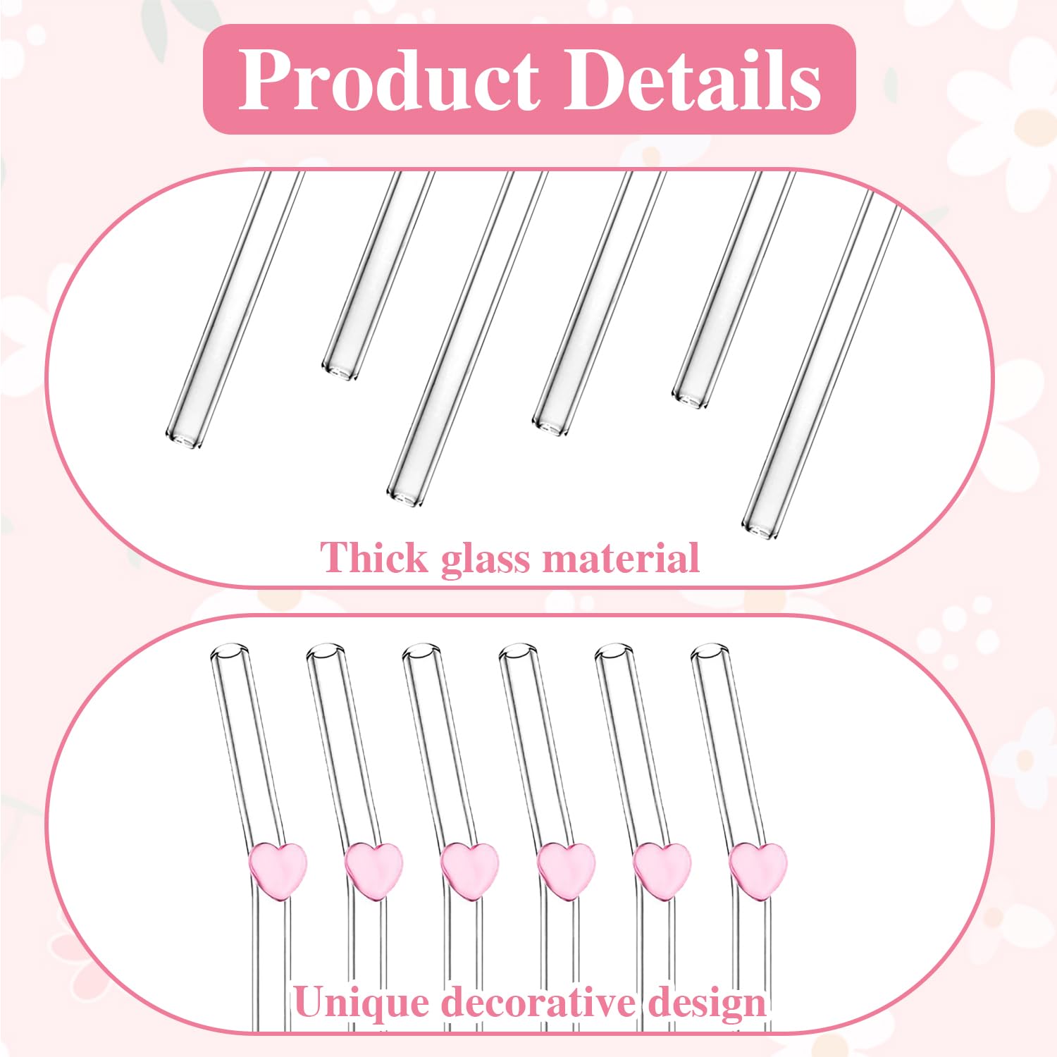 6 PCS Glass Straws with Different Charms, Cute Reusable Straws with 2 PCS Cleaning Brush - Image 3