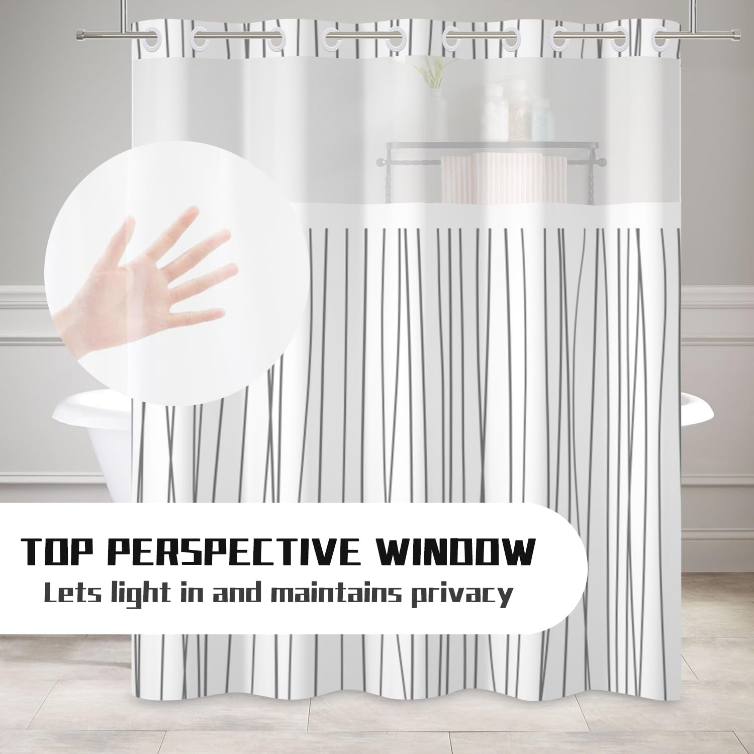 No Hook Shower Curtain and Liner Set Grey White Striped Modern Geometric Shower Curtain with Liner Washable Hotel Bathroom Curtains with See Through Mesh Top Window 71x74 Inch