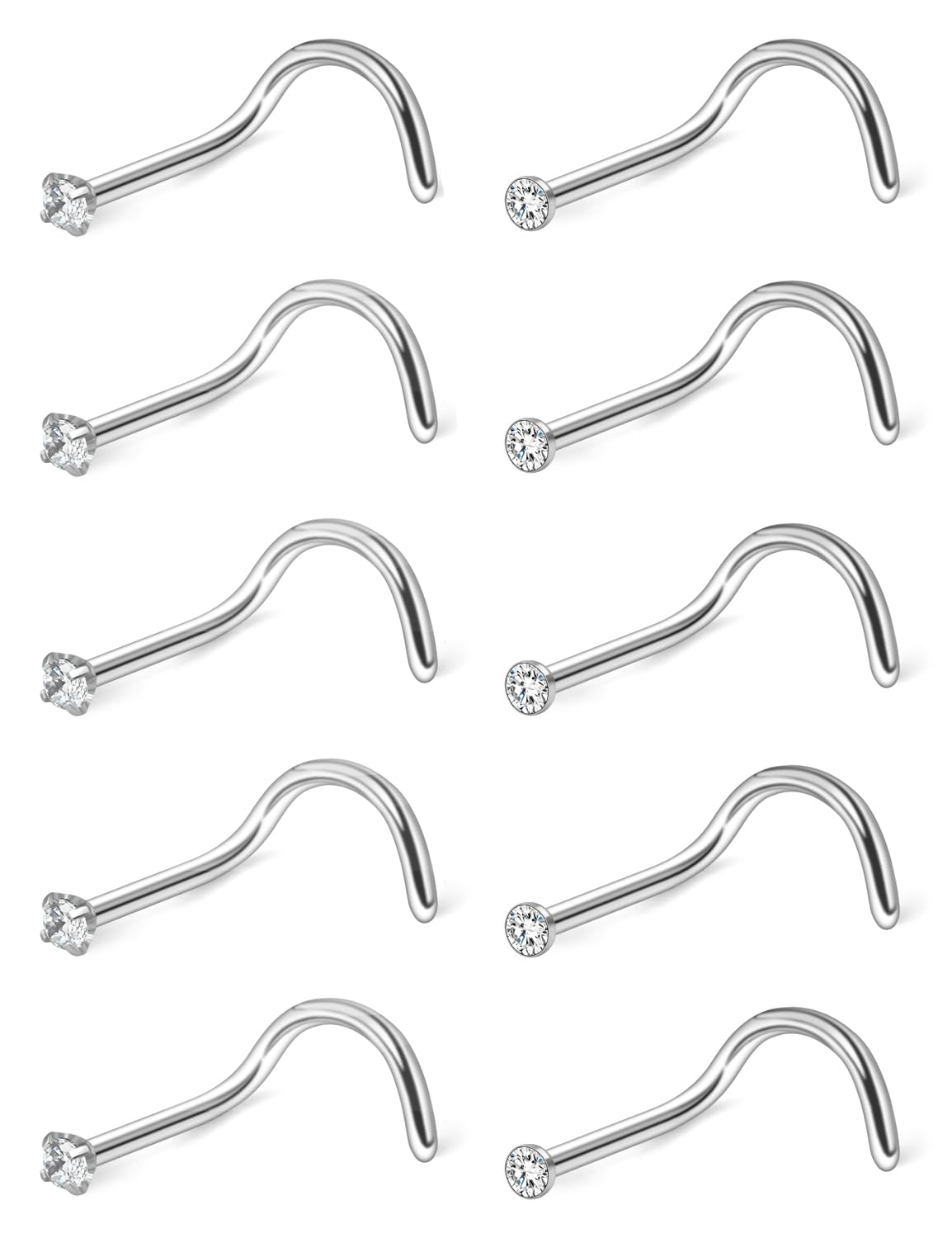 Hoeudjo Nose Studs Surgical Steel Cubic Zirconia Nose Rings Kit for Women Men Tiny Nose Stud Screw & Bone & L Shaped Nostril Piercing Jewelry 24-18