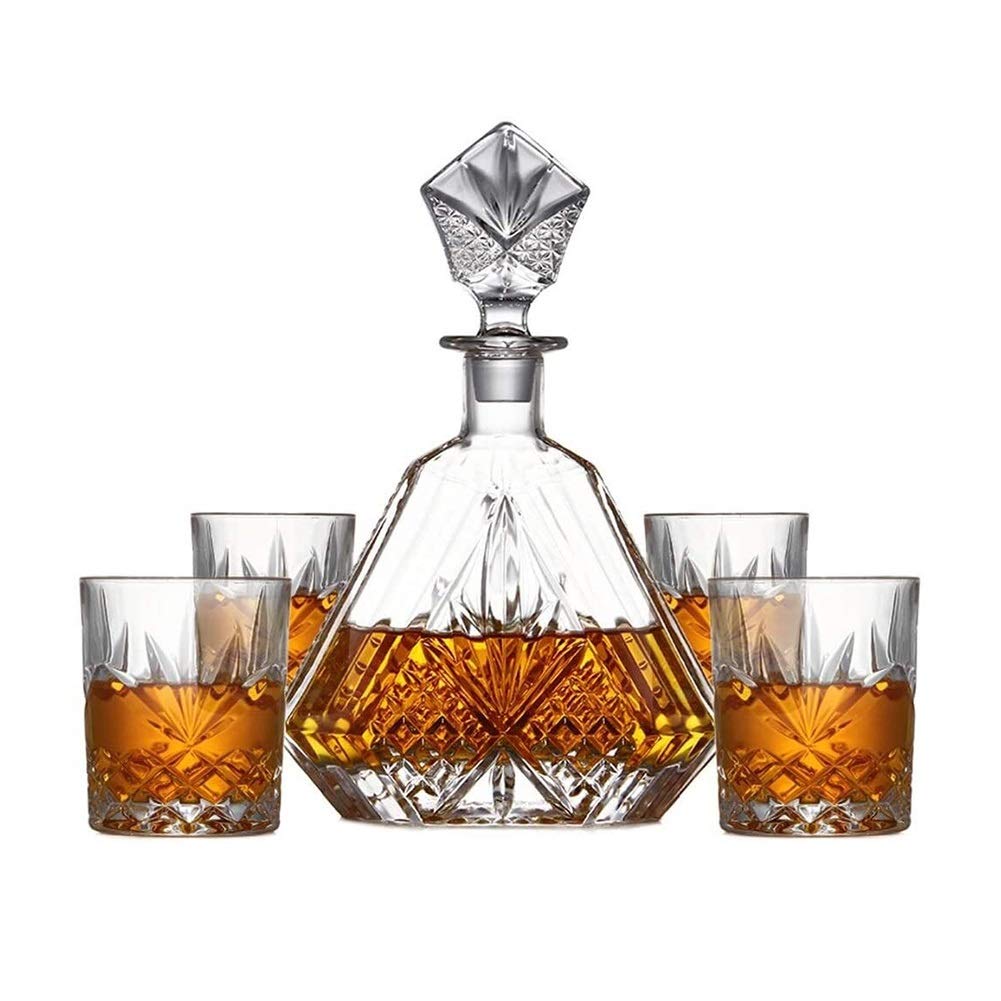 Zestaw karafek do whisky prezenty karafka do whisky i zestaw szklanek szkocki, burbon, alkohol, 5-częściowy, 100% bezołowiowy kryształ z pudełkiem upominkowym, solidny i stabilny