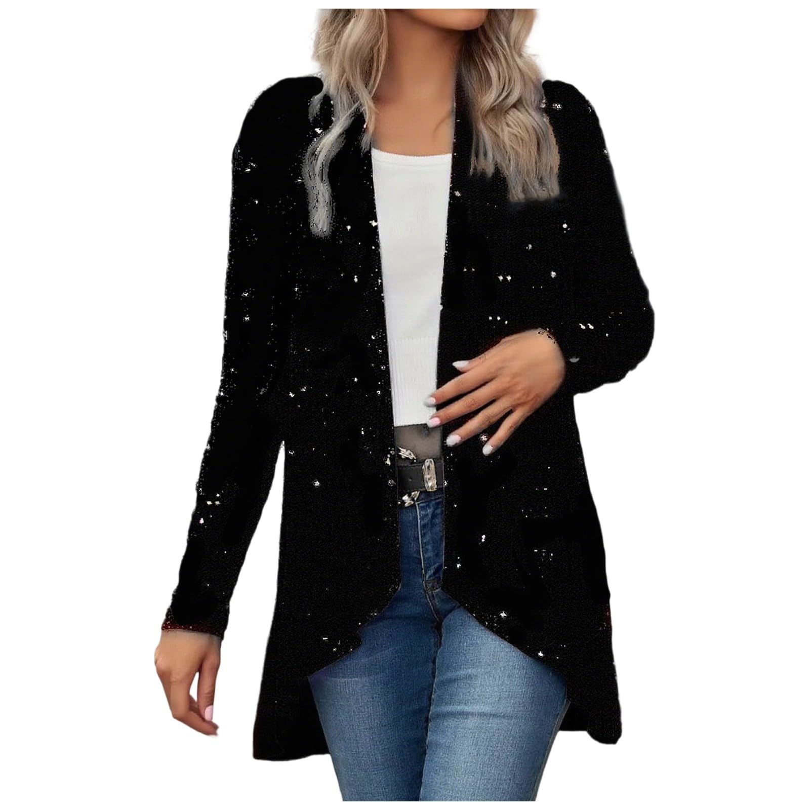 Womens Sequin Shiny Open Front Cardigan Sparkle Jacket Party Glitter Pleated Shawl Collar Evening Party Outerwear