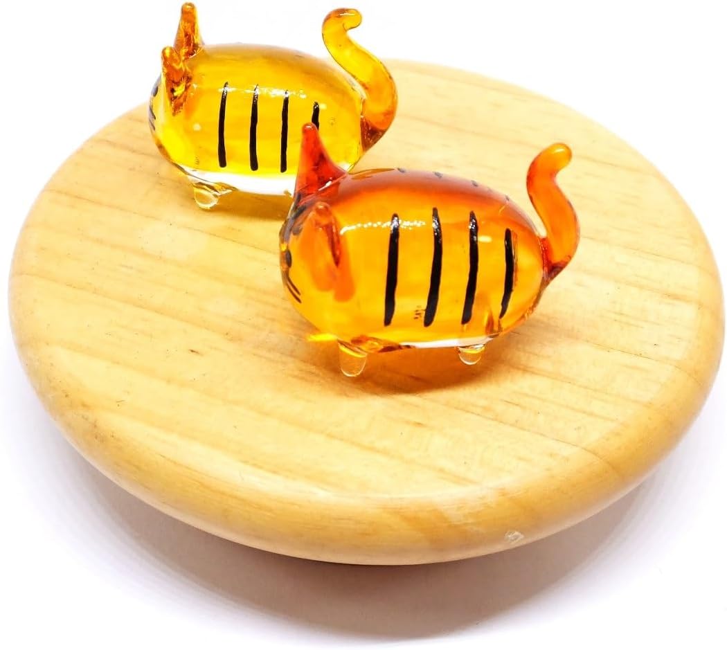 (Bundle of 2) Handmade Mini 2" Cat Figurine Blown Glass Art Chopstick Rest Dinner Decoration, Miniature Pet Animals, Home or Table Decor Gift Ideas (Yellow and Orange No.5)