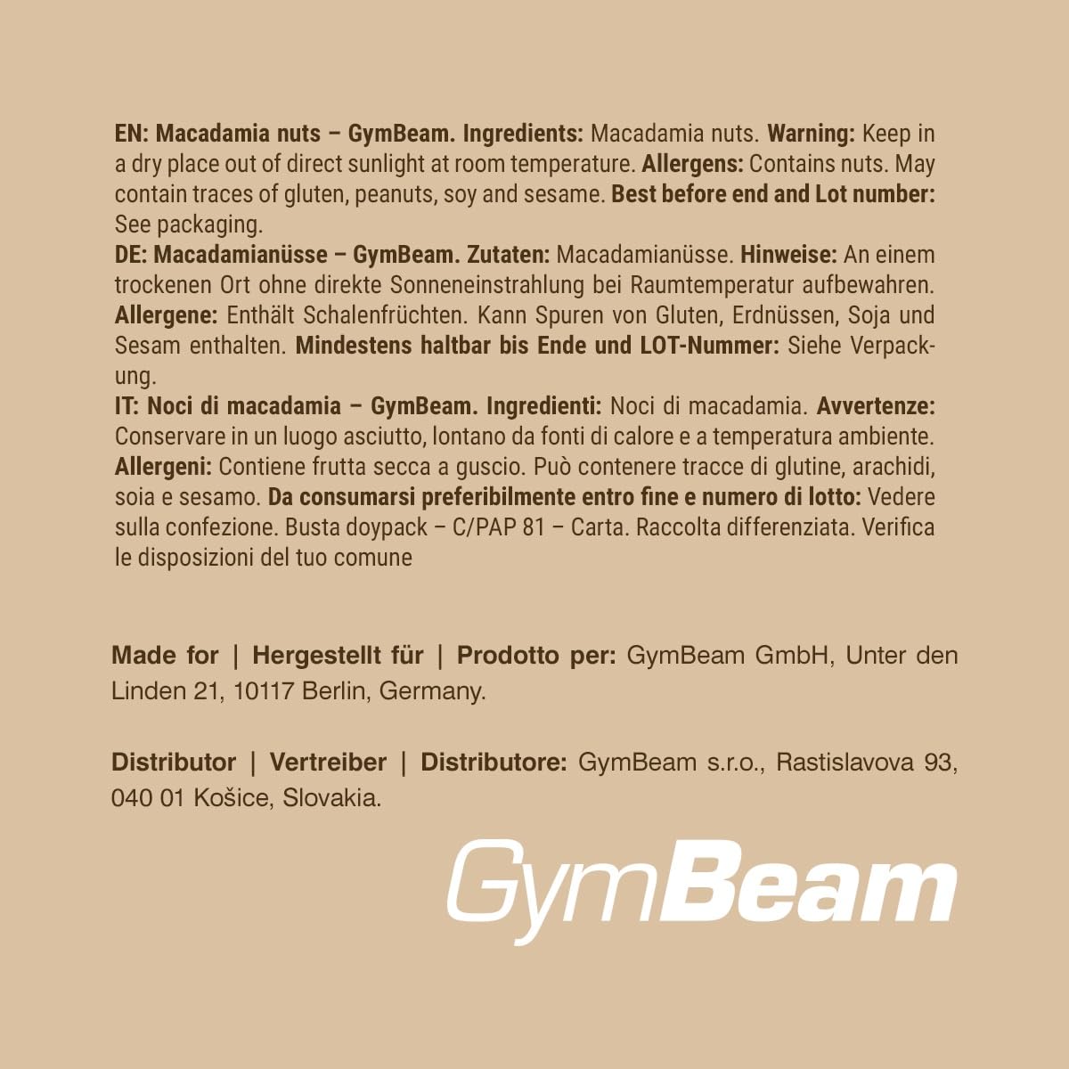 GymBeam Ungesalzene Macadamianüsse - Reich an gesunden Fetten & Ballaststoffen, frei von Zusatzstoffen, ideal als veganer Snack, fördert Energie & Gesundheit, buttriger Geschmack, 500g