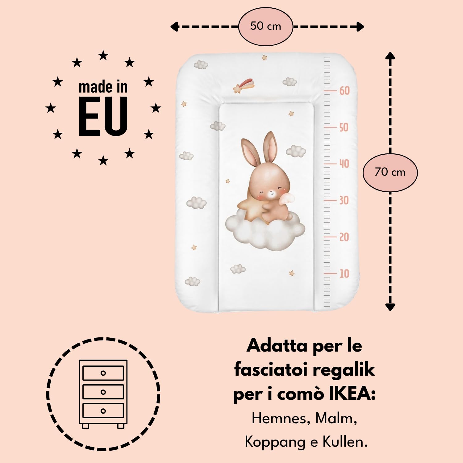 Materassino fasciatoio 50x70 cm, bianco con coniglio – impermeabile e lavabile, morbido per neonati – cuscino fasciatoio per cassettiera – materassino cambio pannolino, facile da pulire