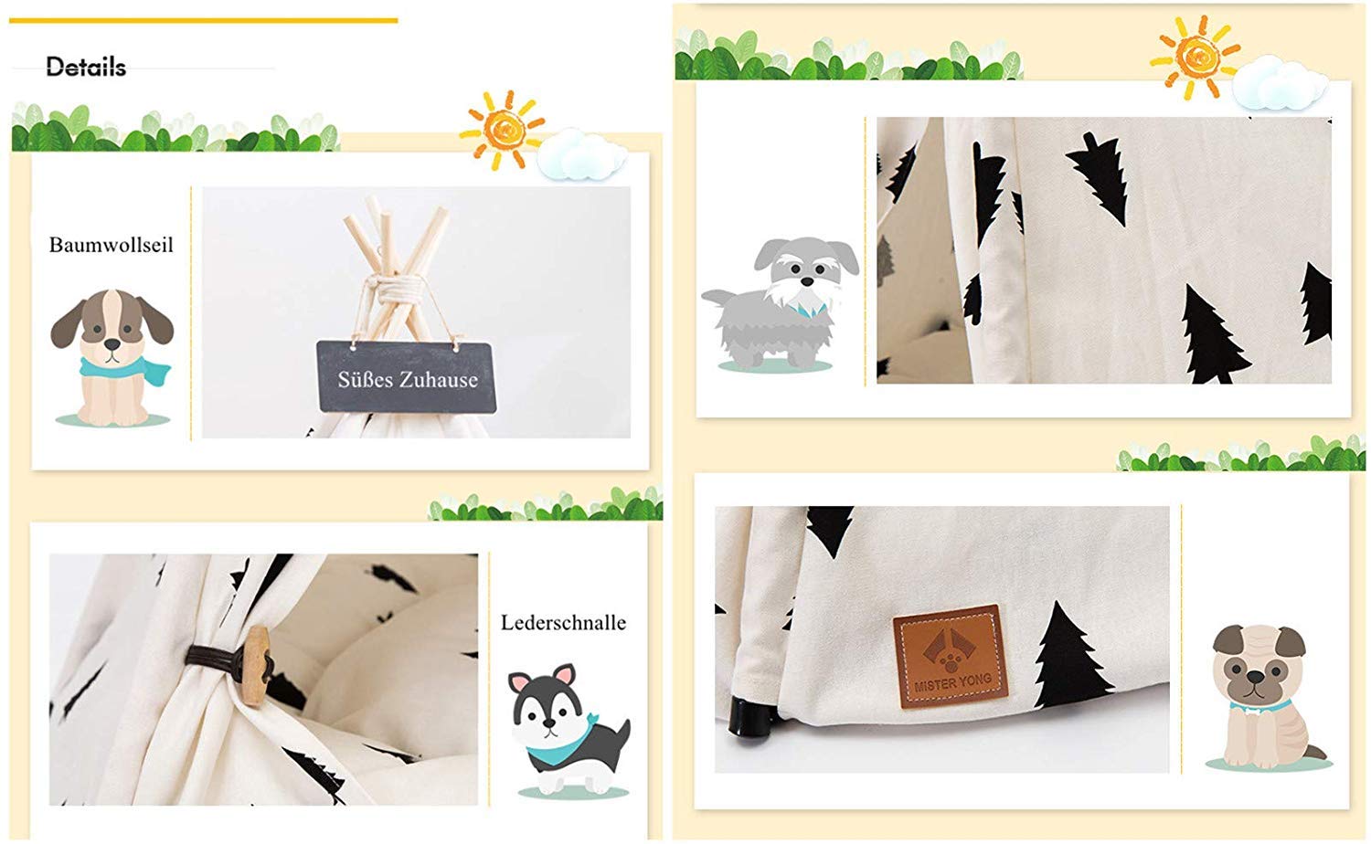 TentHome Tente Tipi pour Chiens Chiots Maison des Chats et Animaux de Compagnie Niche pour Chien Amovible et Lavable (sans Coussin), Pin Noir (L(7-15kg))