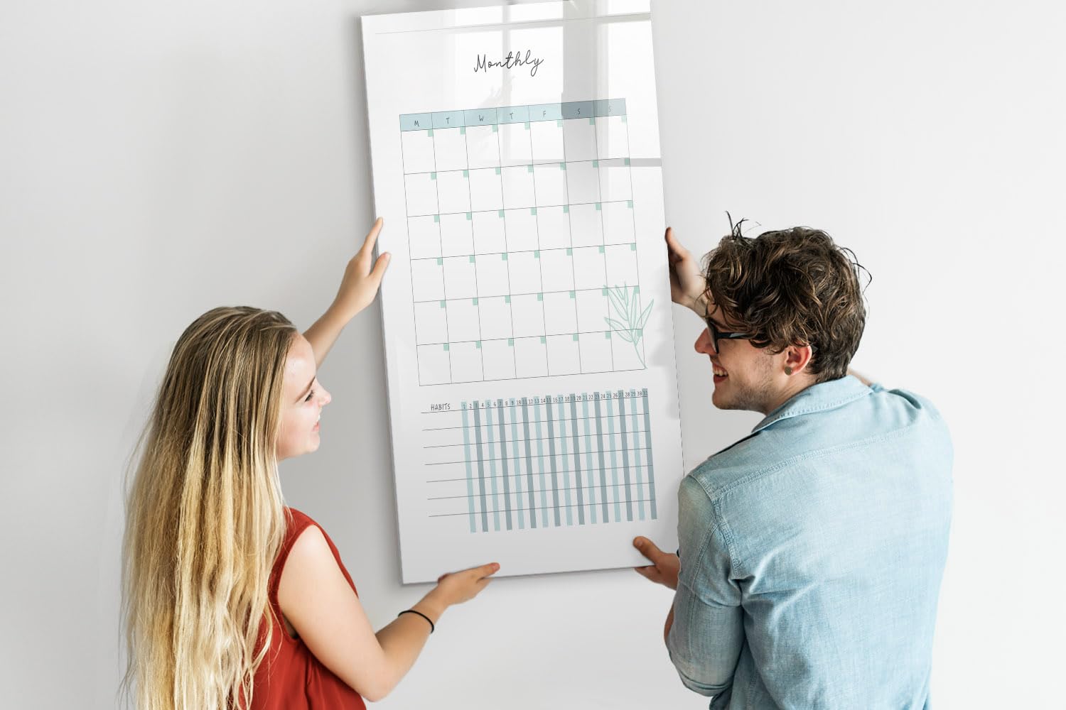 Tableau mémo magnétique en verre 60x120 cm | Agenda mensuel