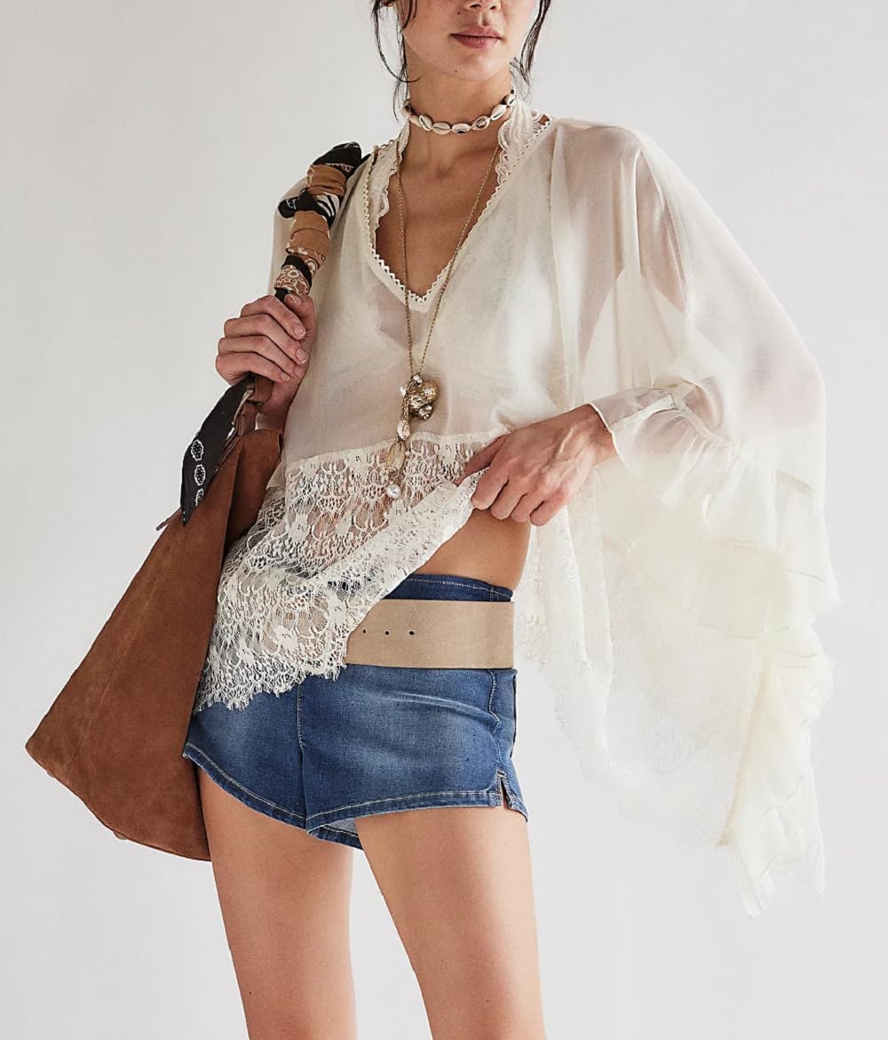 Women Sheer Poncho Tops Oversized Batwing Sleeve Blouse Contrast Lace See Through Mesh Cover Up Ruffle Flowy Boho Shirt - Image 3