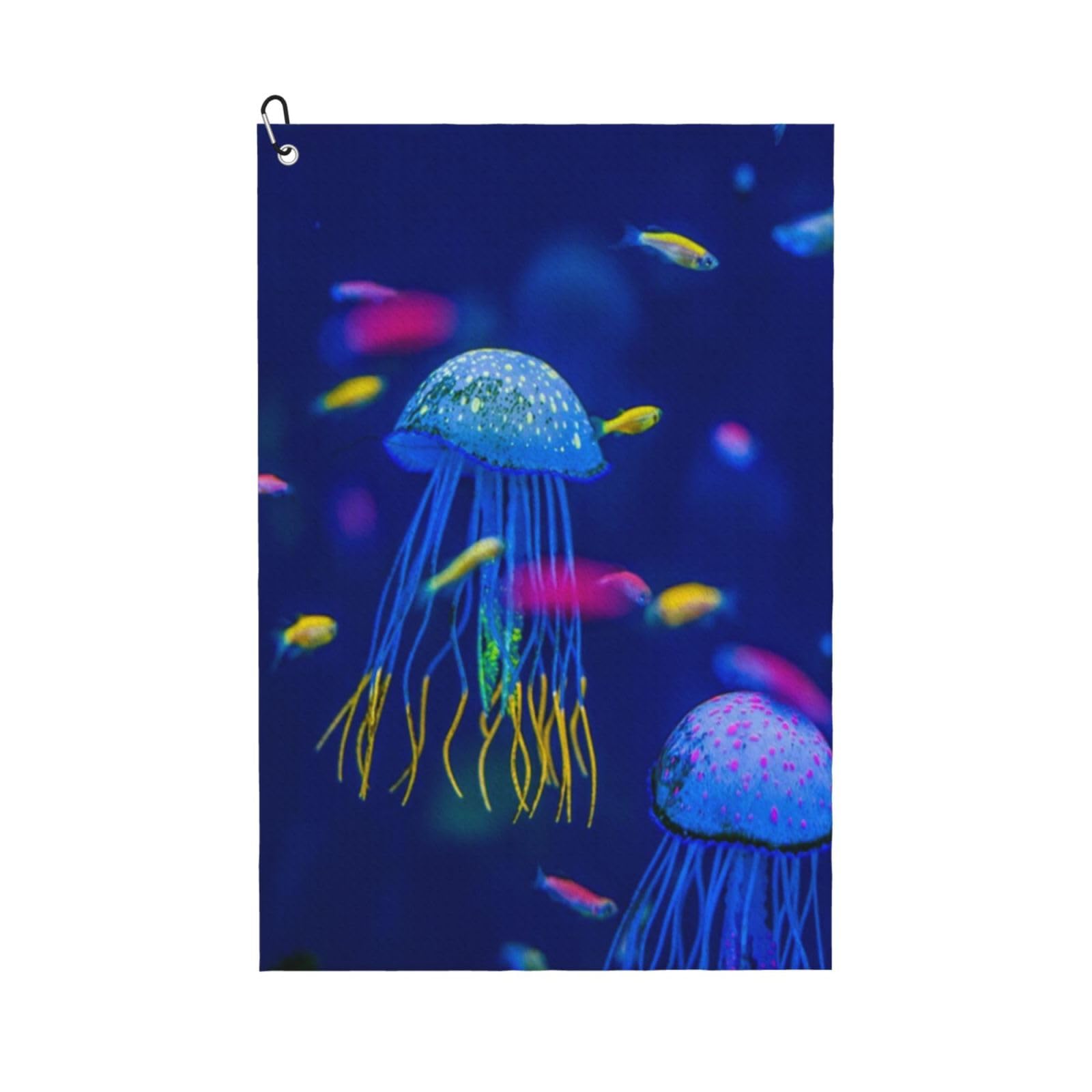 Oudrspo Aquarium of Jellyfish Microfiber Golf Towel with Carabiner Clip, 16x24 Inch Absorbent Waffle Weave Towel for Golf Bags