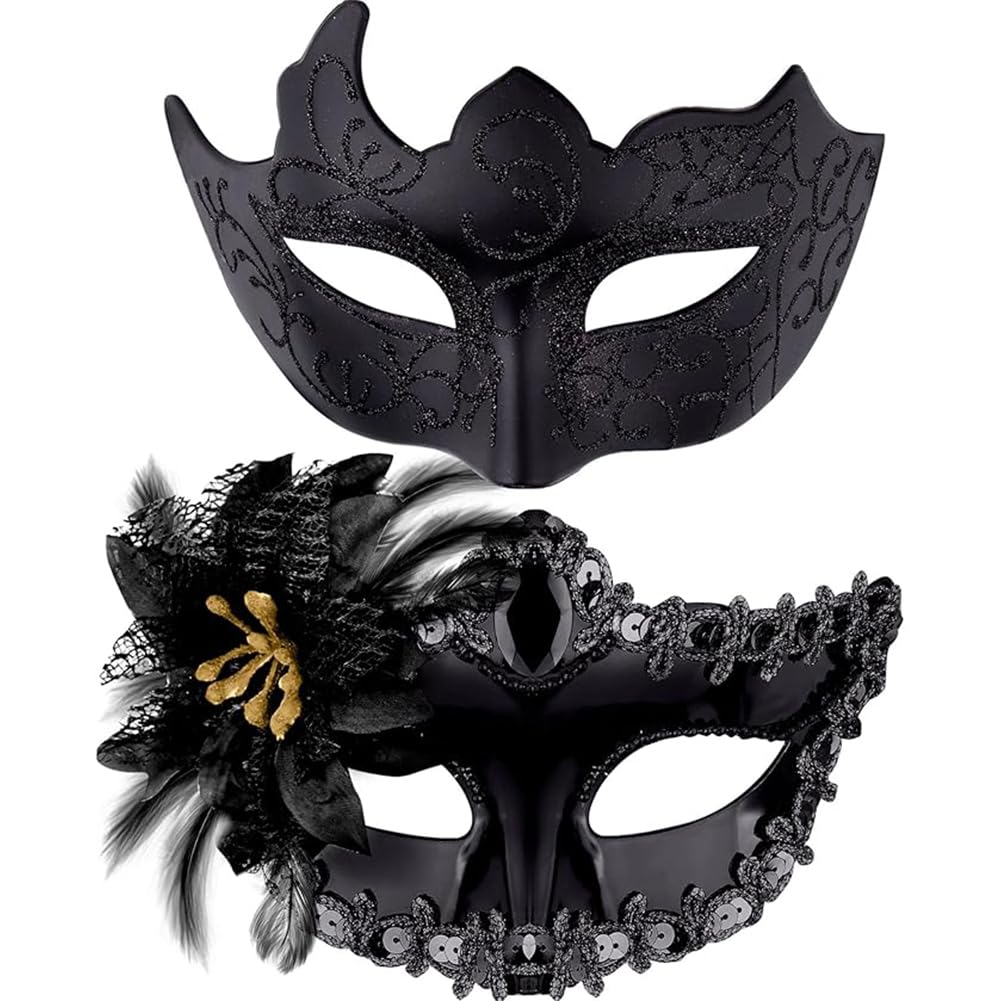 HATFRYF Couple Masquerade Masks, Feather Lace Venetian Party Mask, Halloween Costume Carnival Mask for Couples Women and Men - 2pcs/Black — image 1