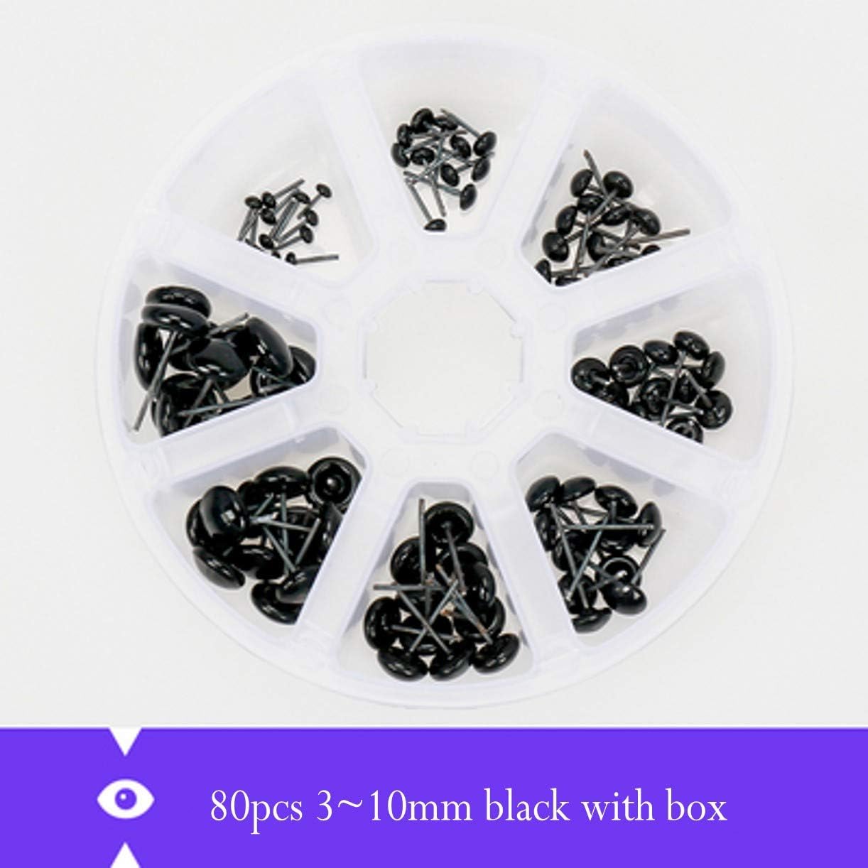 YJIUYUANQ 80Pcs (Black) Glass Pin Eyes 3/4/5/6/7/8/9/10Mm Mixed Sizes for DIY Wool Felt Handcraft