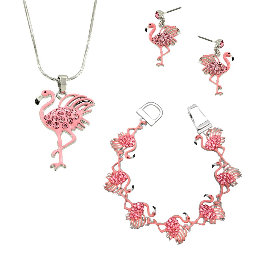 Lola Bella Gifts Crystal Pink Flamingo Necklace Earrings and Bracelet Set w Gift Box