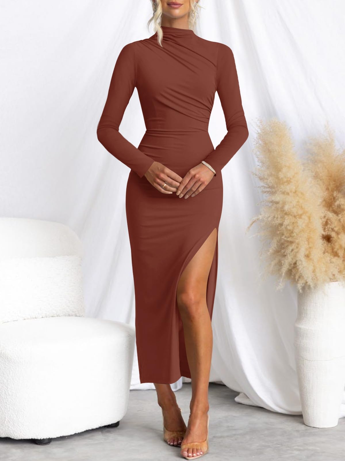 MIROL Vestido largo de manga larga para mujer, con cuello alto falso, abertura lateral, fruncido, para negocios, casual, boda, invitada de cóctel