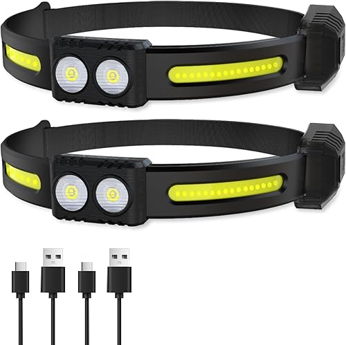 Linterna frontal LED recargable, paquete de 2 unidades, 230 de haz ancho súper brillante con luz roja y sensor de movimiento, 6 modos para adultos,