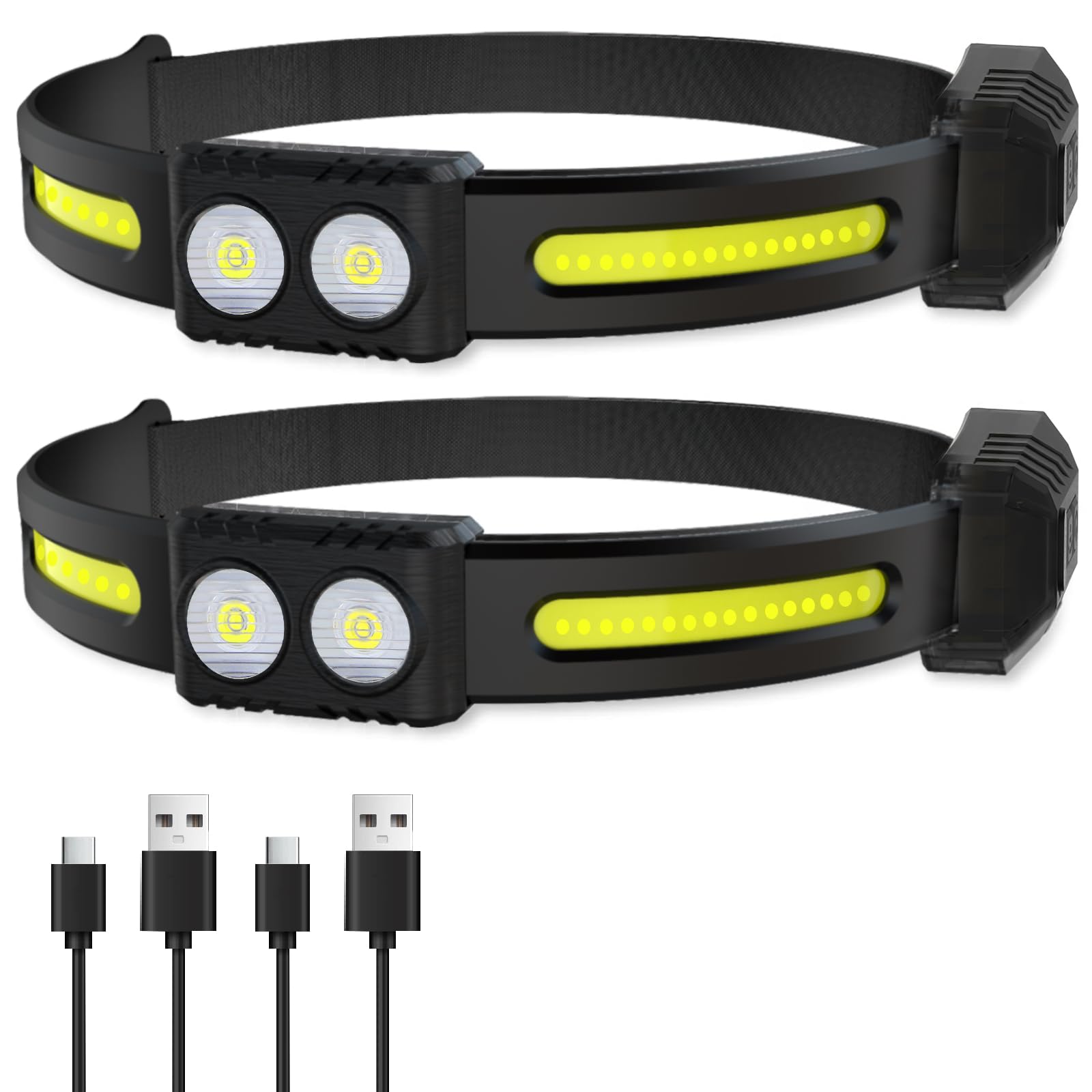 Spriak LED Headlamp Rechargeable 2 Pack, 230° Wide Beam Super Bright Head Lamp with Red Light and Motion Sensor, 6 Modes Headlamps for Adults Running,