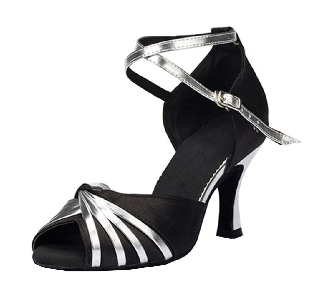 TDA Women's Mid Heel Knot Black Satin Salsa Tango Ballroom Latin Party Comfortable Dance Shoes 9.5 M US